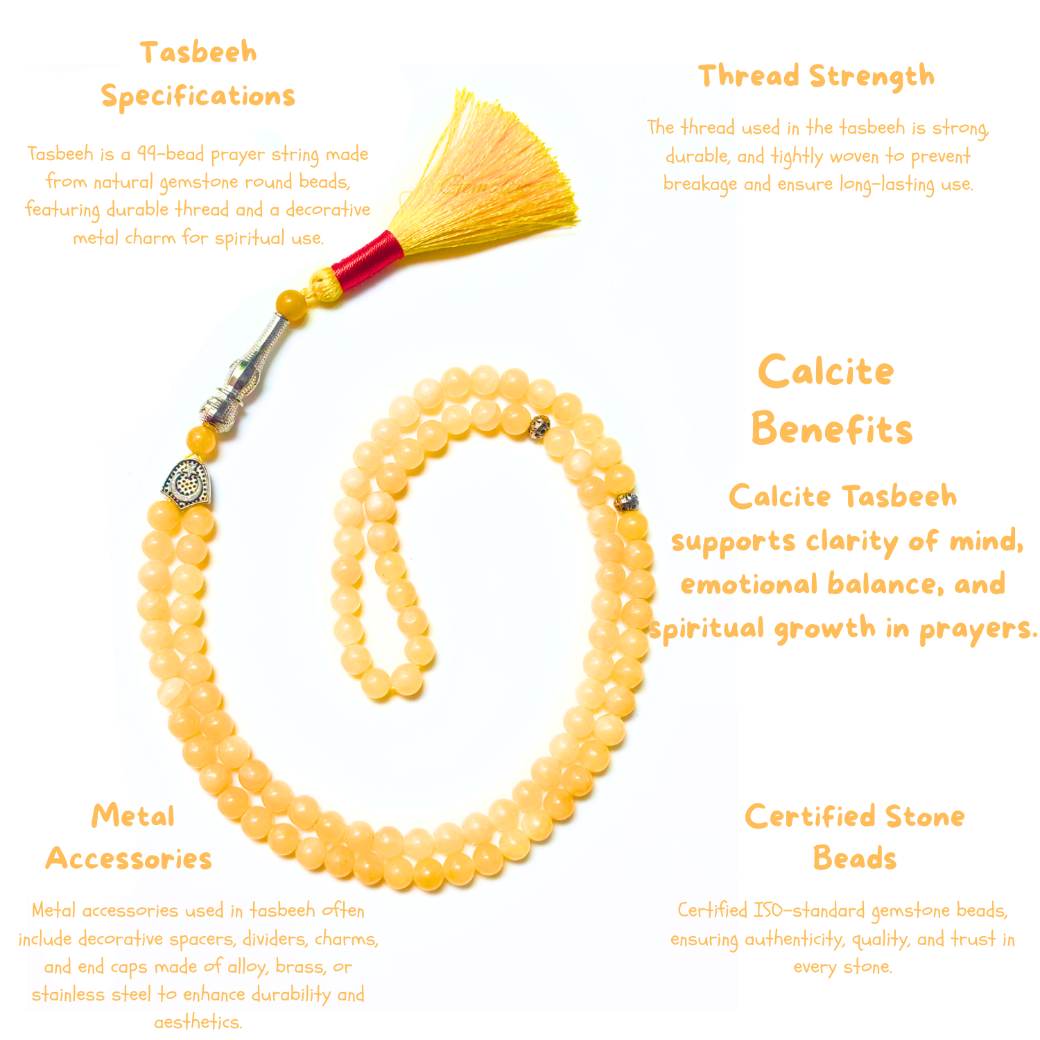 Calcite Tasbih – 100 Beads, 8mm Certified Natural Stone Prayer Beads, Handmade Islamic Misbaha for Dhikr & Meditation image 2