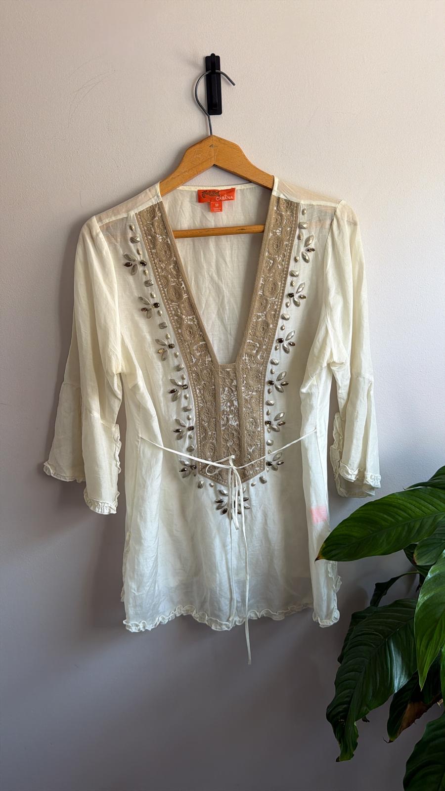 Carina White Embroidered Beaded V-Neck Blouse Medium