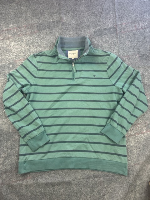 WoolOvers Green & Navy Striped 1/4 Zip Sweatshirt L