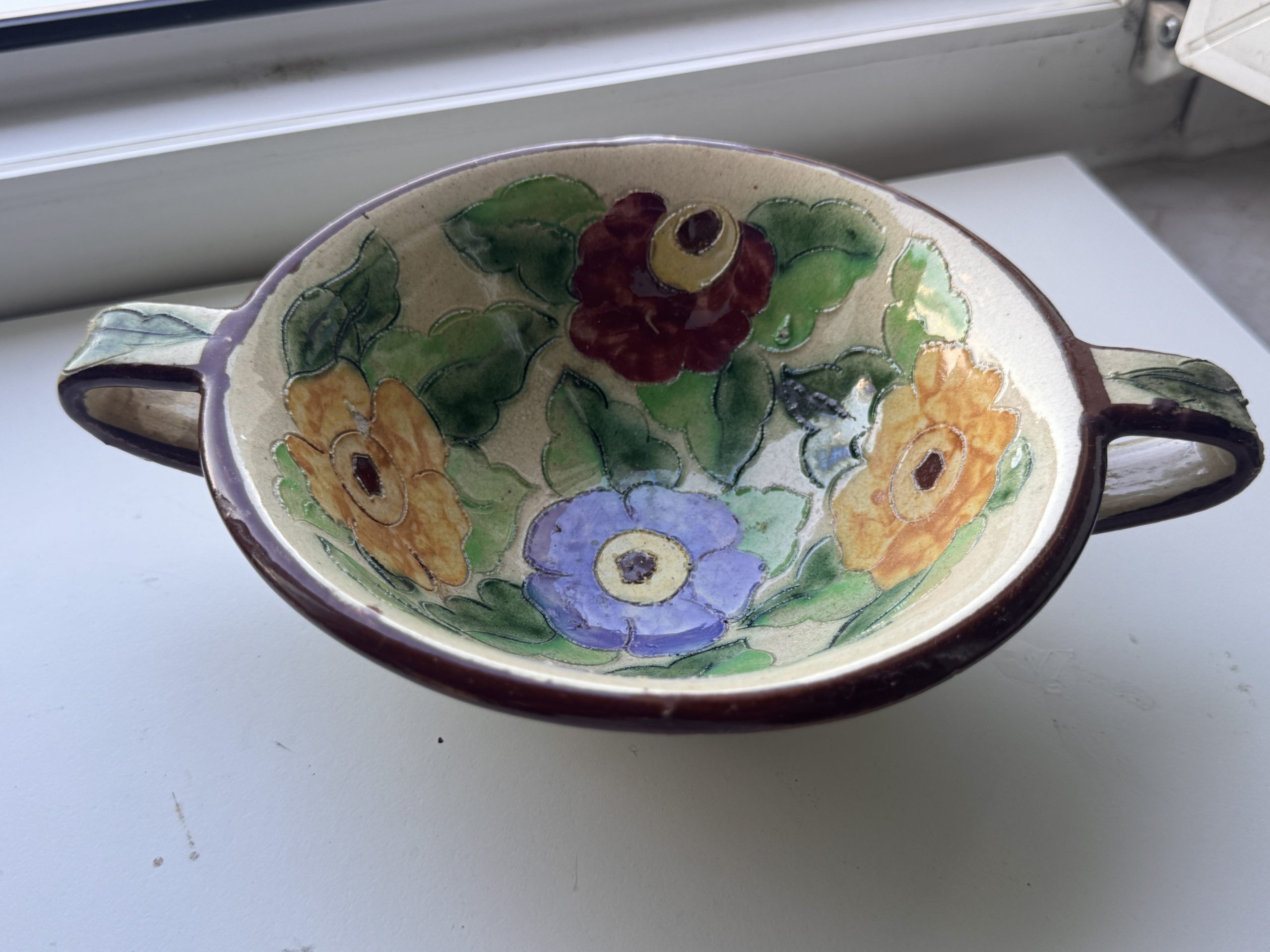 Vintage Hand-painted Floral Ceramic Bowl with Handles