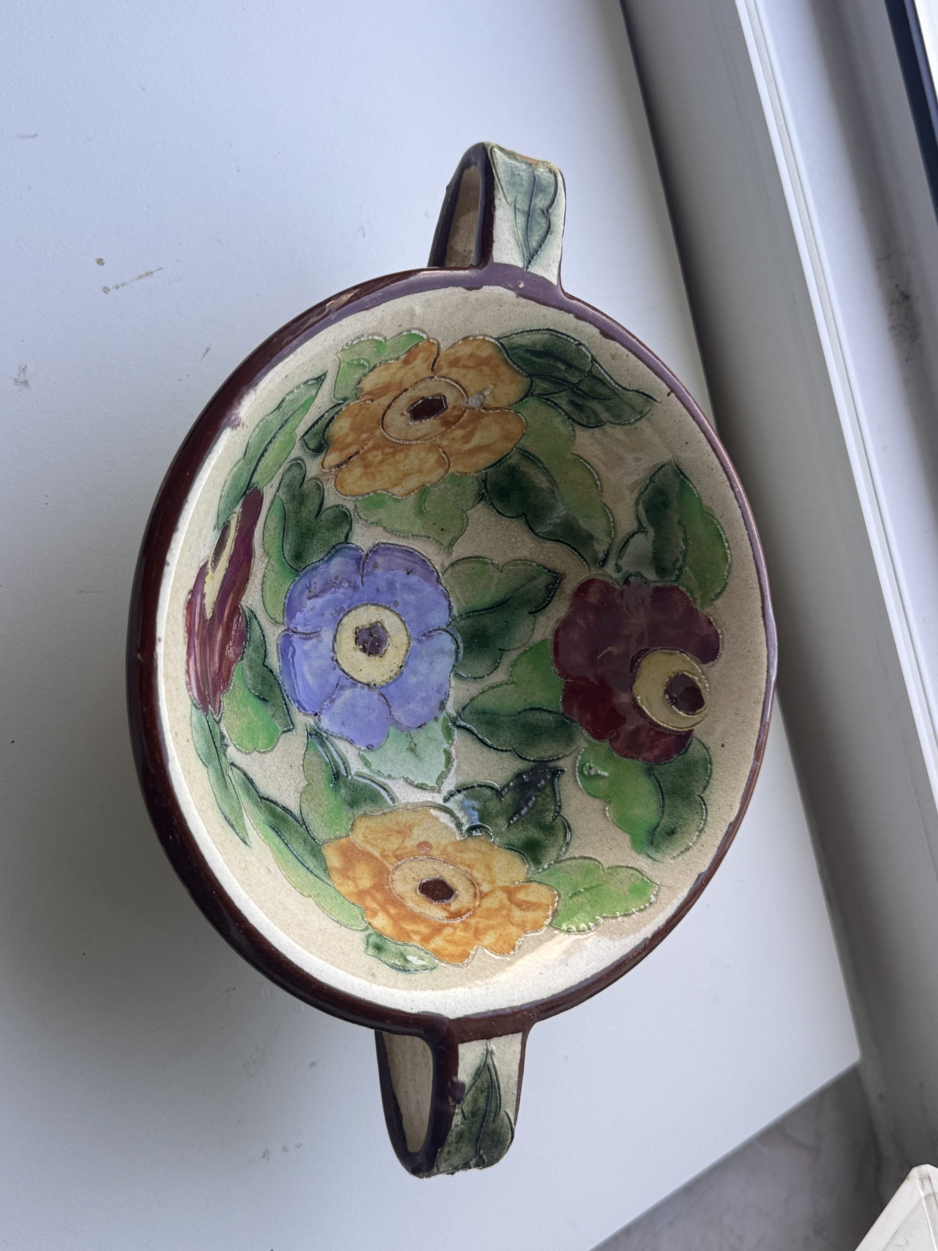 Vintage Hand-painted Floral Ceramic Bowl with Handles image 2
