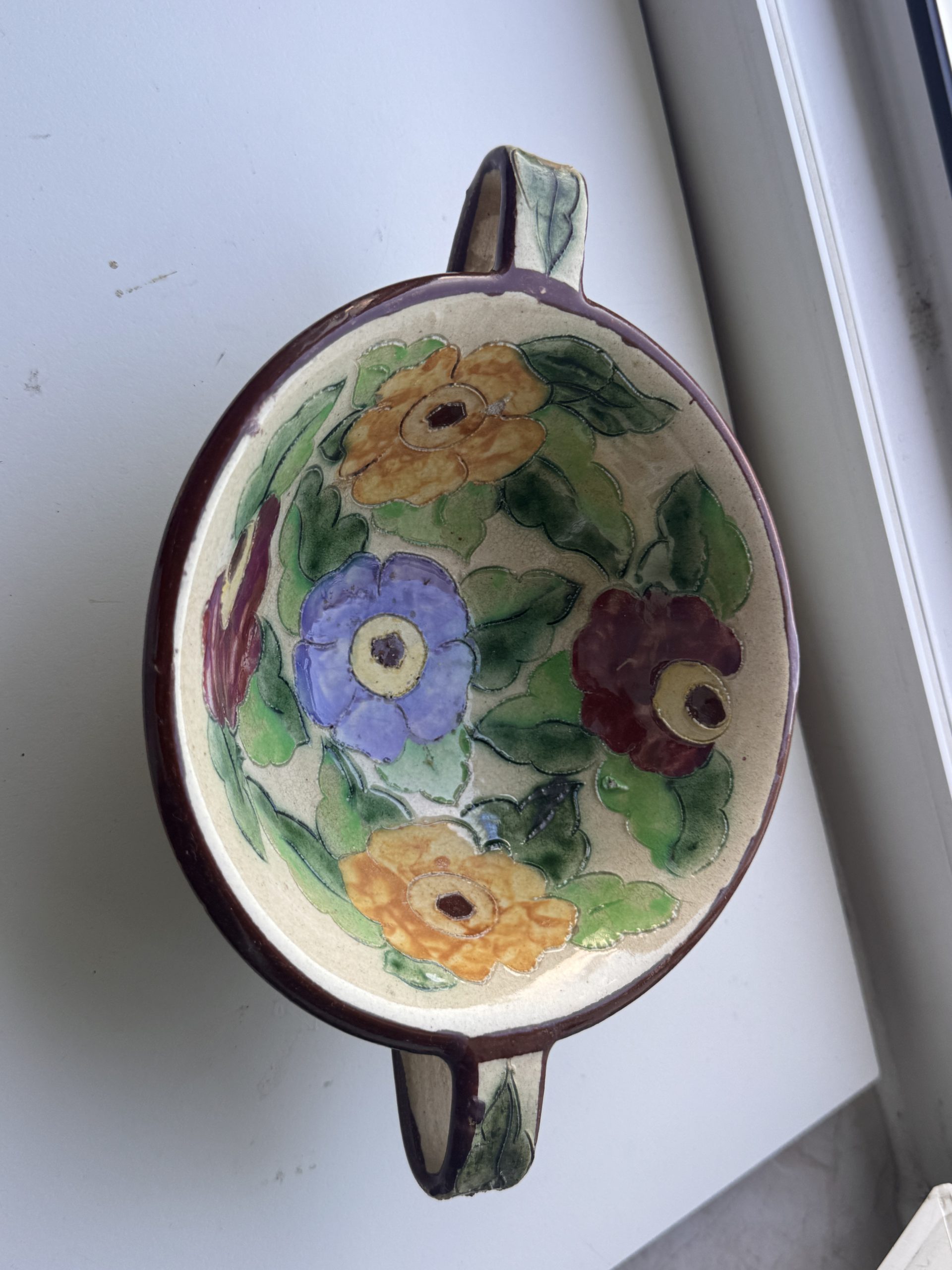 Vintage Hand-painted Floral Ceramic Bowl with Handles image 3