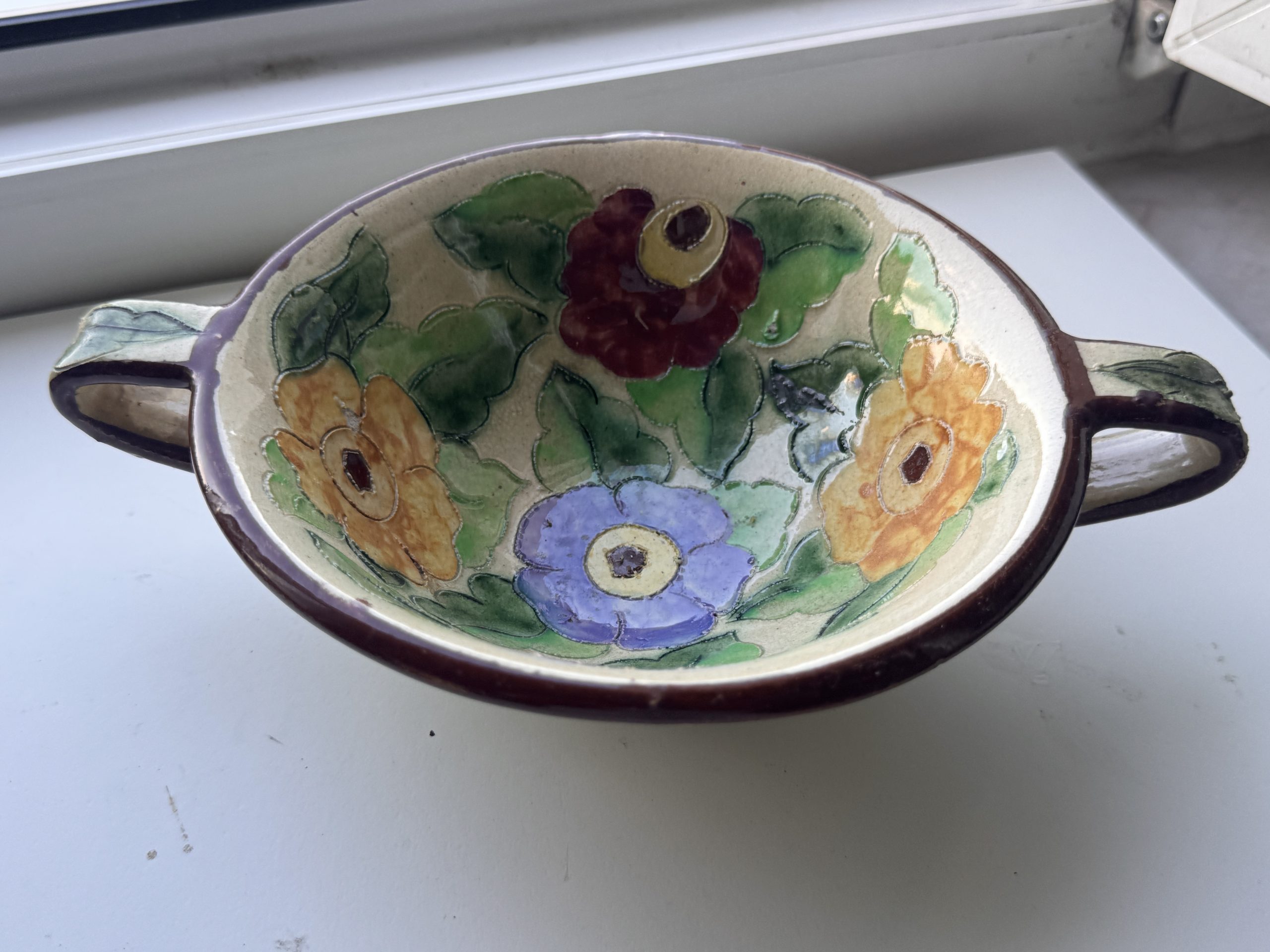 Vintage Hand-painted Floral Ceramic Bowl with Handles image 4
