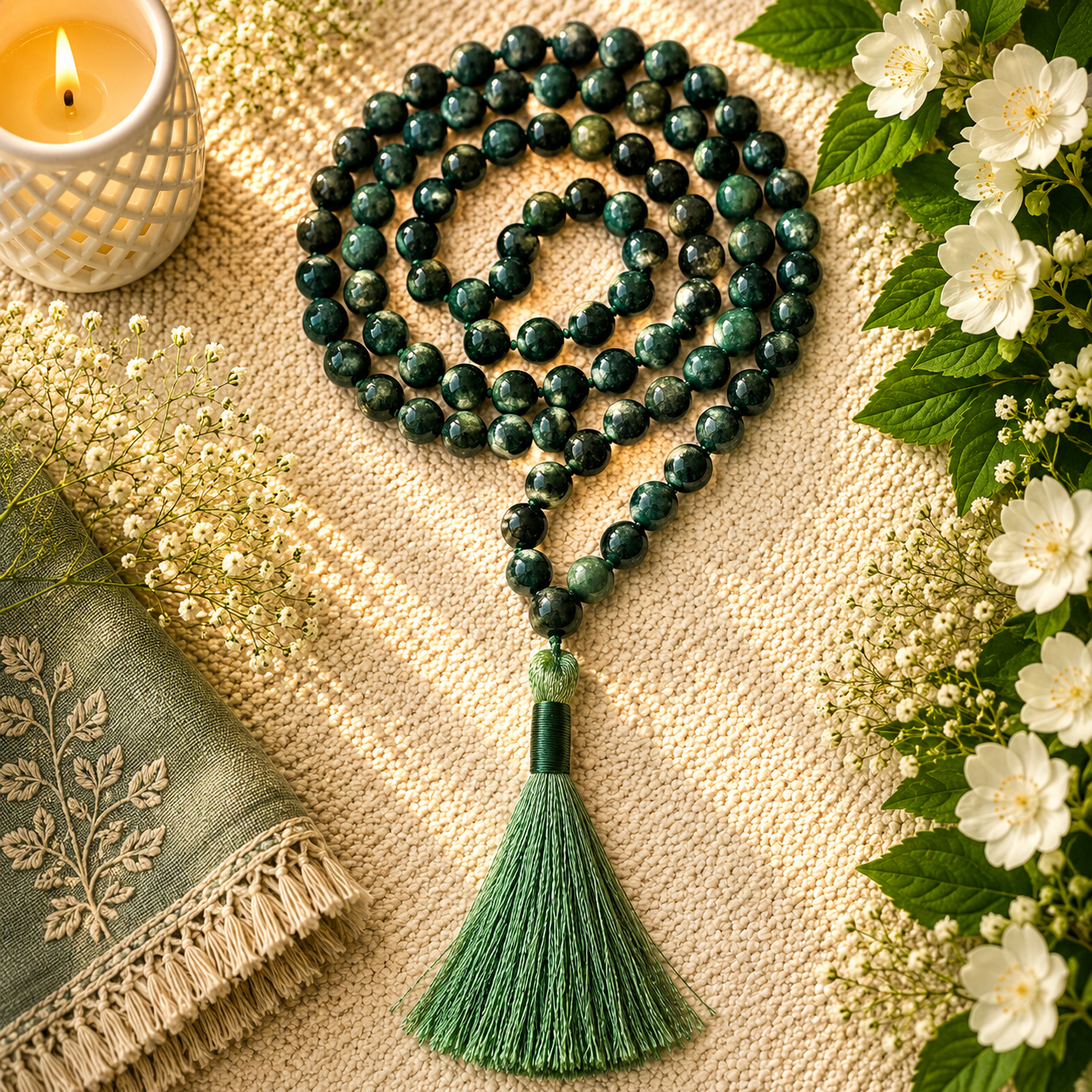 Moss Agate Jap Mala Necklace 8mm | 30–32 Inch Handmade Certified Gemstone Prayer Beads | Meditation, Yoga, Mindfulness & Spiritual Jewelry for Men & Women