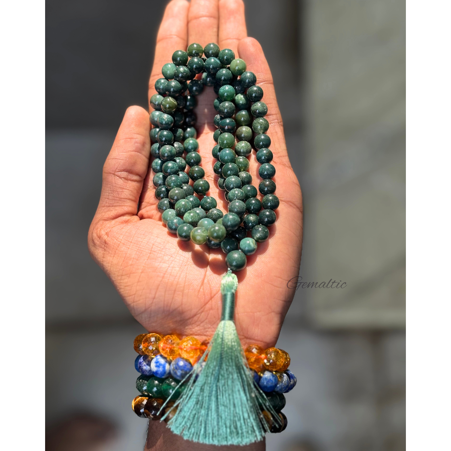 Moss Agate Jap Mala Necklace 8mm | 30–32 Inch Handmade Certified Gemstone Prayer Beads | Meditation, Yoga, Mindfulness & Spiritual Jewelry for Men & Women image 2