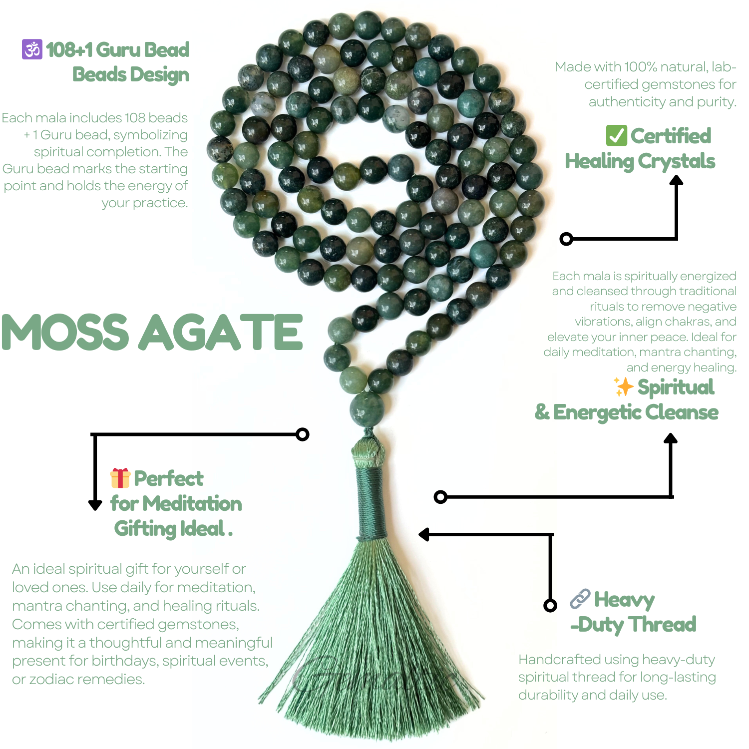 Moss Agate Jap Mala Necklace 8mm | 30–32 Inch Handmade Certified Gemstone Prayer Beads | Meditation, Yoga, Mindfulness & Spiritual Jewelry for Men & Women image 4