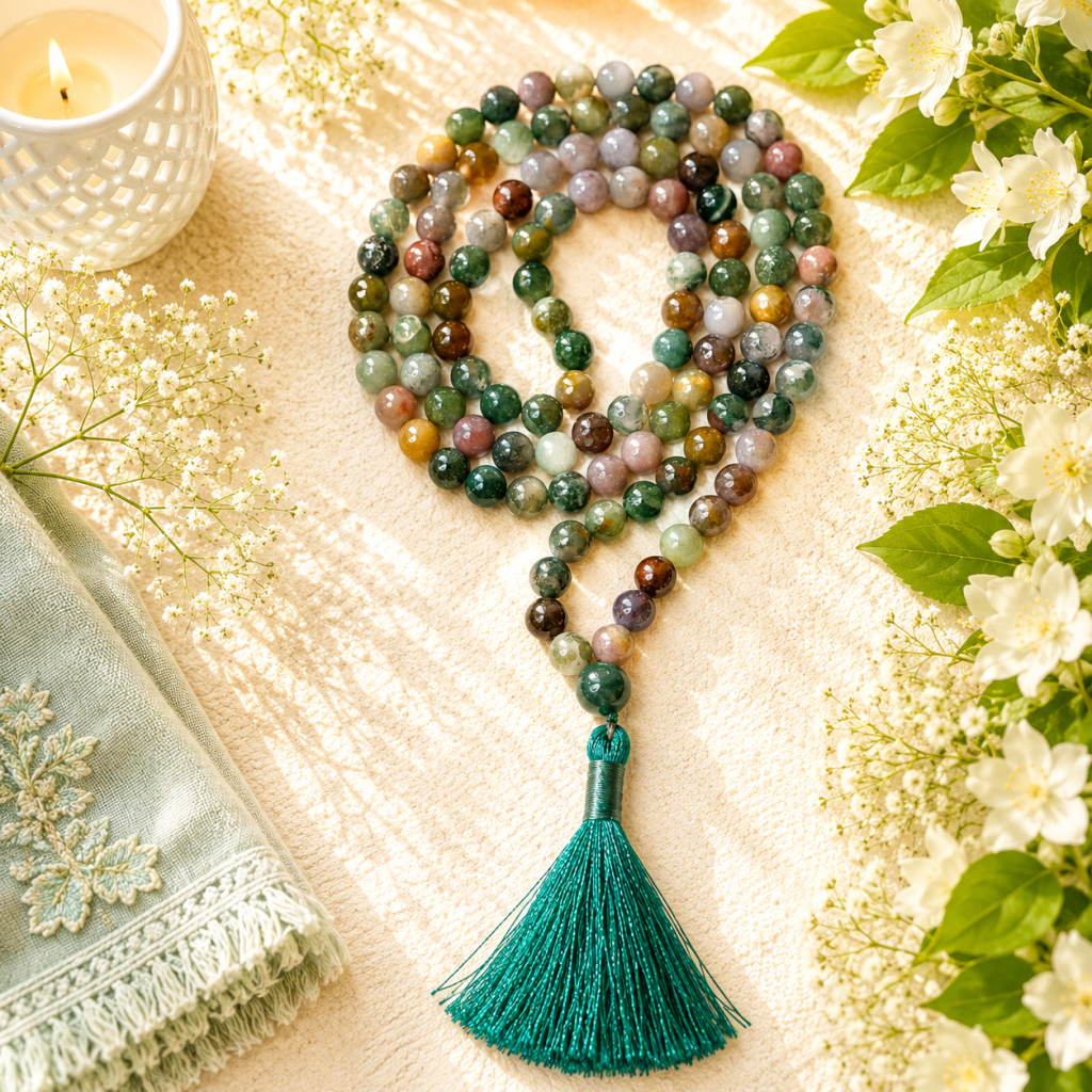 Indian Agate Jap Mala Necklace – 8mm | 30–32 Inch | Handmade | Certified Gemstone