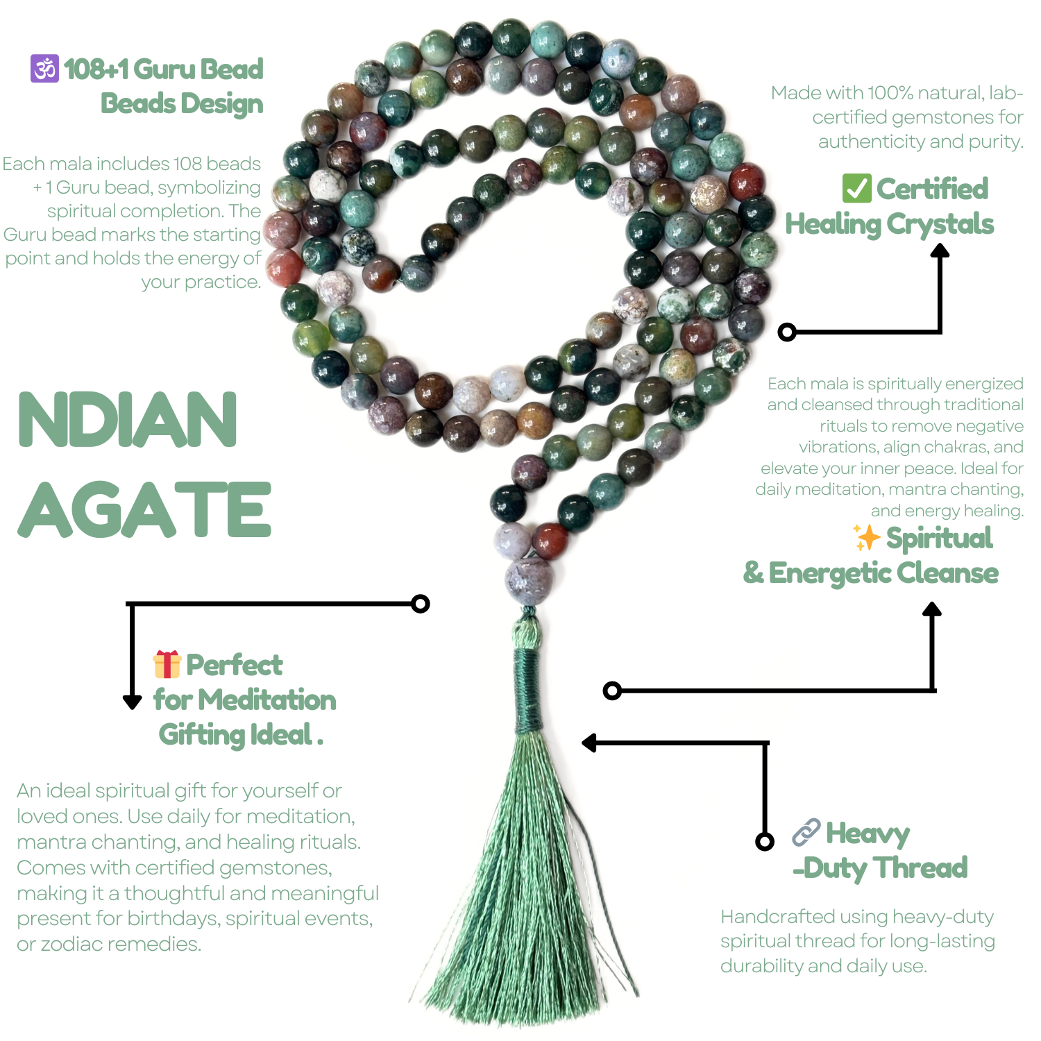 Indian Agate Jap Mala Necklace – 8mm | 30–32 Inch | Handmade | Certified Gemstone image 4