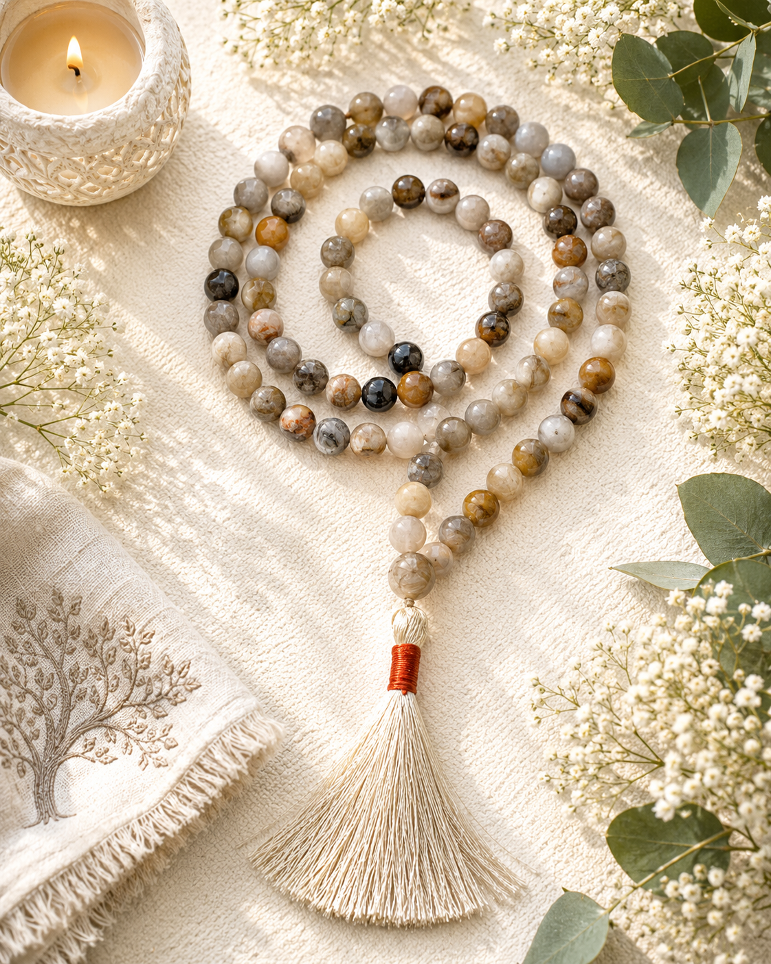 Bamboo Leaf Jap Mala Necklace – 8mm | 30–32 Inch | Handmade | Certified Gemstone