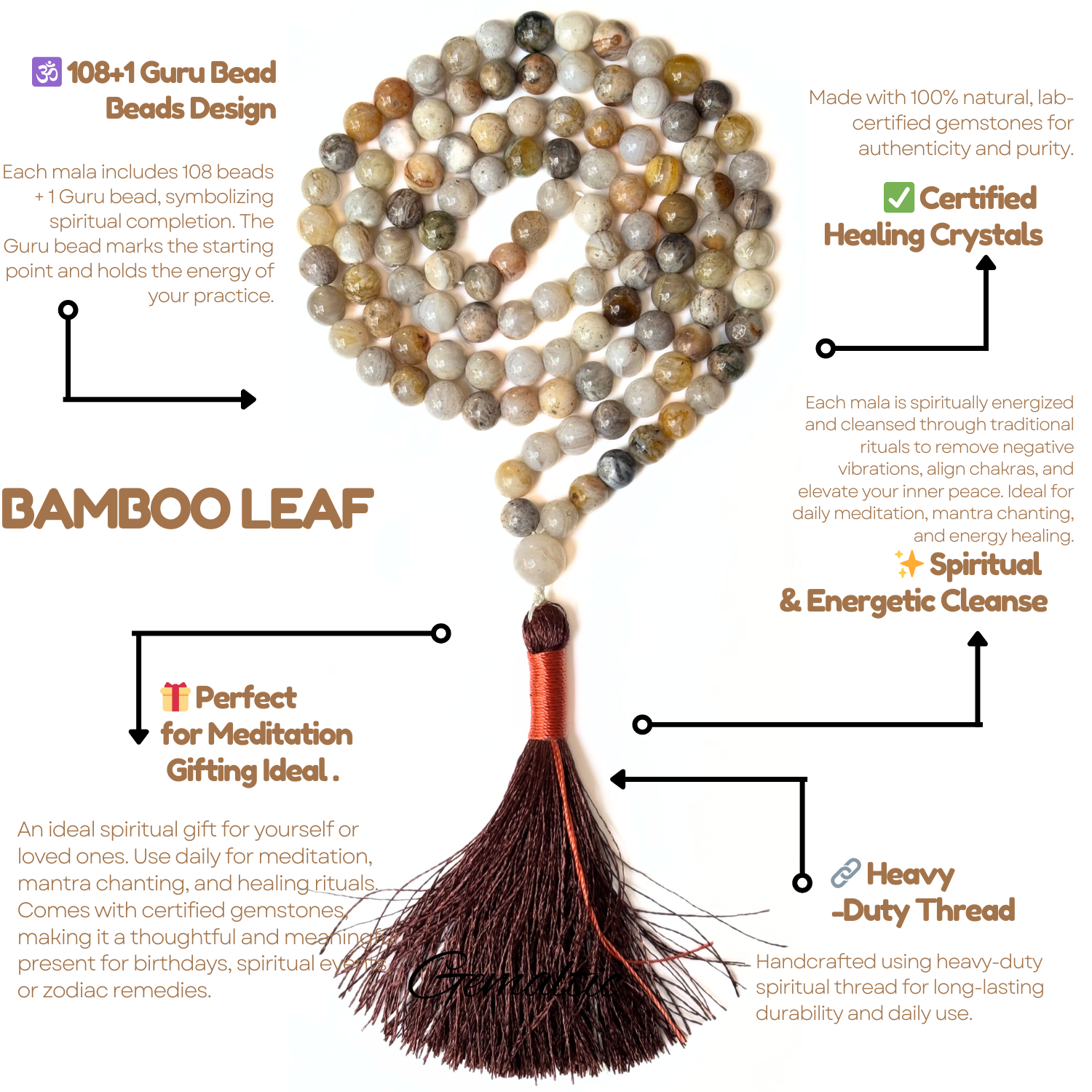 Bamboo Leaf Jap Mala Necklace – 8mm | 30–32 Inch | Handmade | Certified Gemstone image 4
