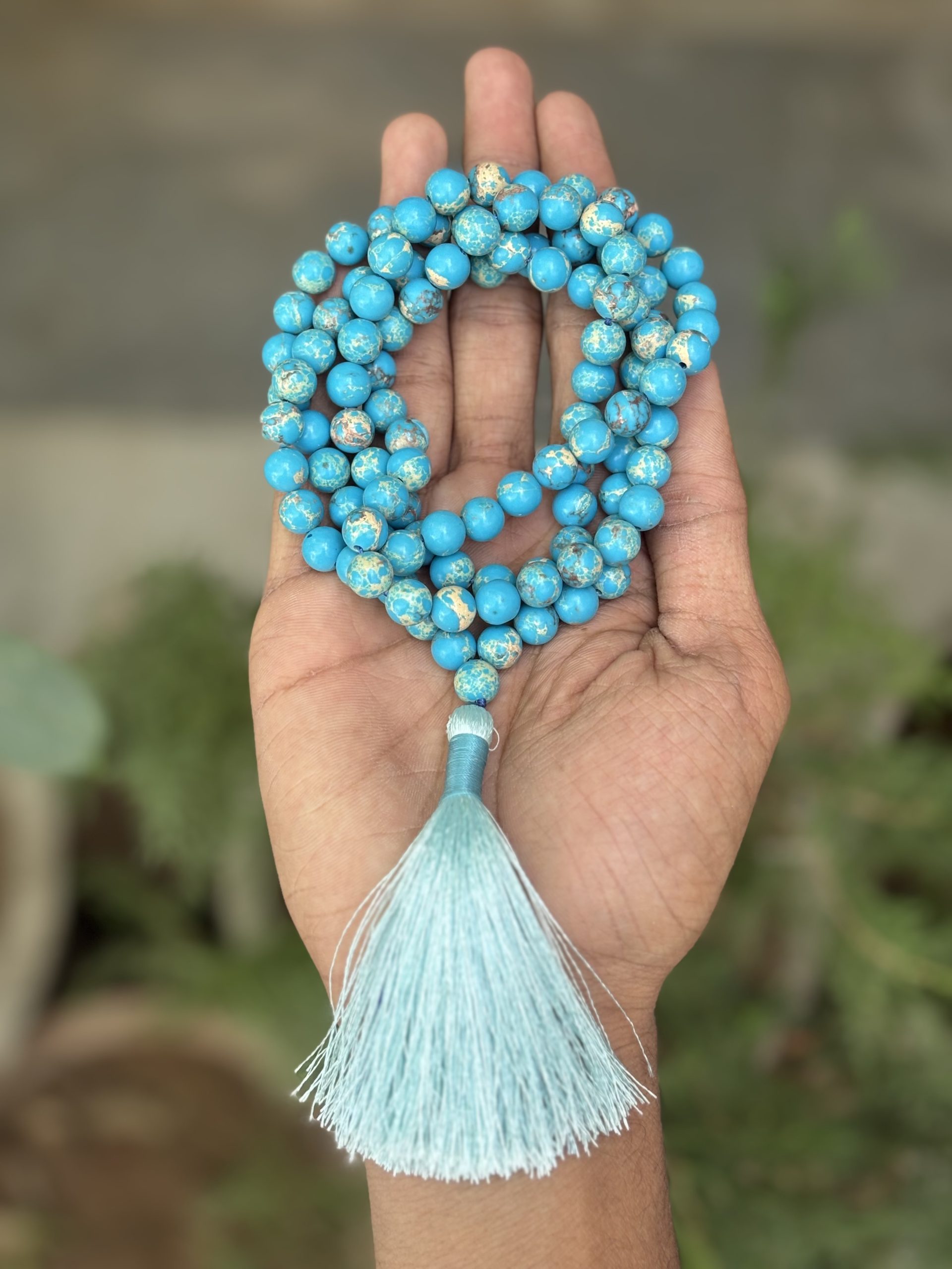 Turquoise Blue Sea Sedimental Jap Mala Necklace – 8mm | 30–32 Inch | Handmade | Certified Gemstone