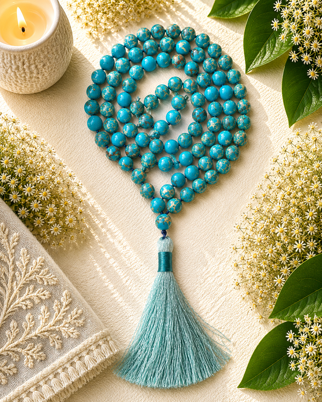 Turquoise Blue Sea Sedimental Jap Mala Necklace – 8mm | 30–32 Inch | Handmade | Certified Gemstone image 2