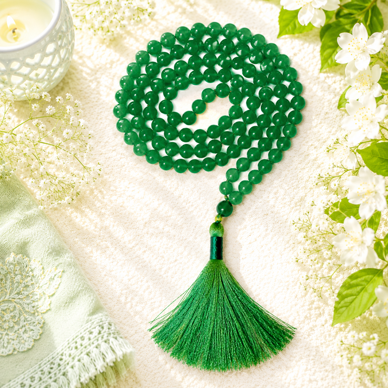 Green Aventurine Jap Mala Necklace – 8mm | 30–32 Inch | Handmade | Certified Gemstone