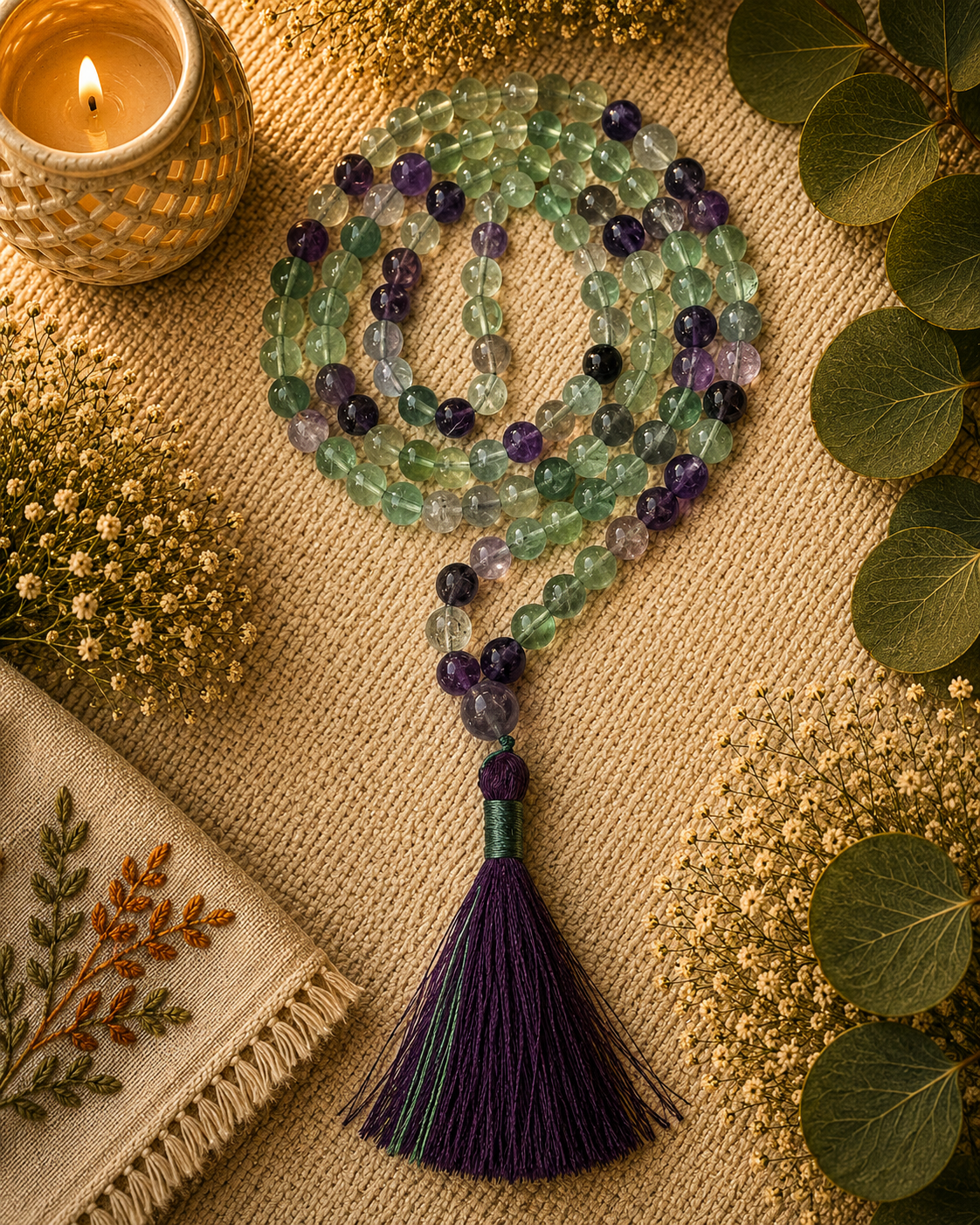 Multicolour Fluorite Jap Mala Necklace – 8mm | 30–32 Inch | Handmade | Certified Gemstone