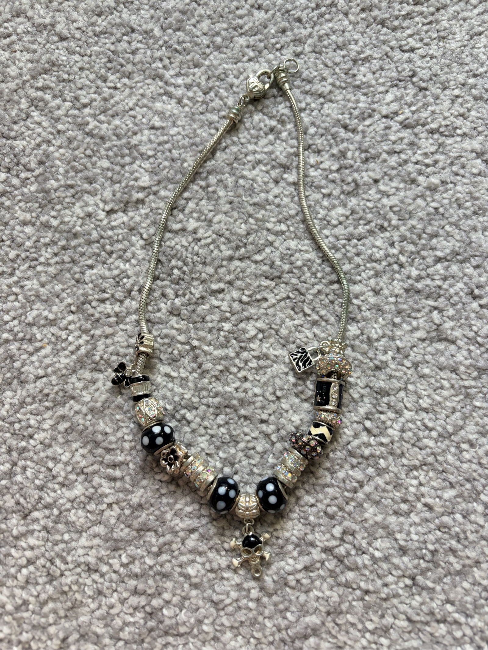Vintage Y2K Silver Tone Charm Bracelet | Black, White & Crystal | Skull, Bee