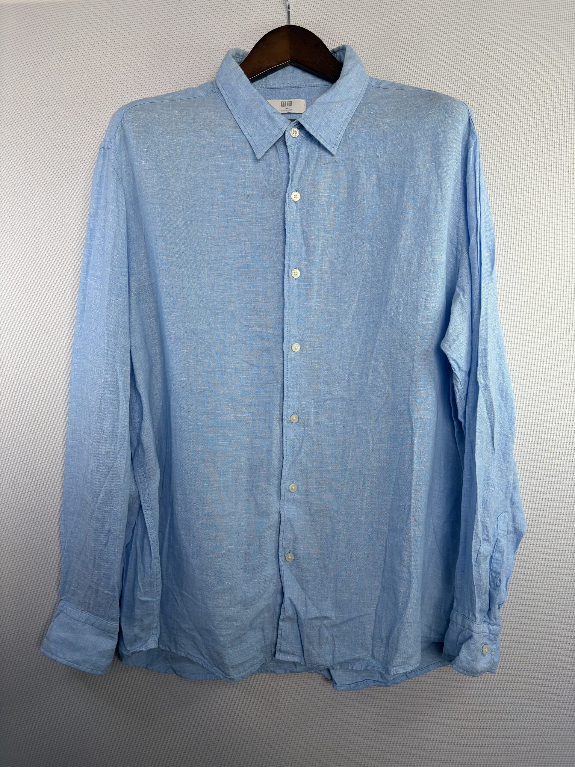 UNIQLO Men's XXL 100% Linen Shirt Sky Blue Long Sleeve Button Up