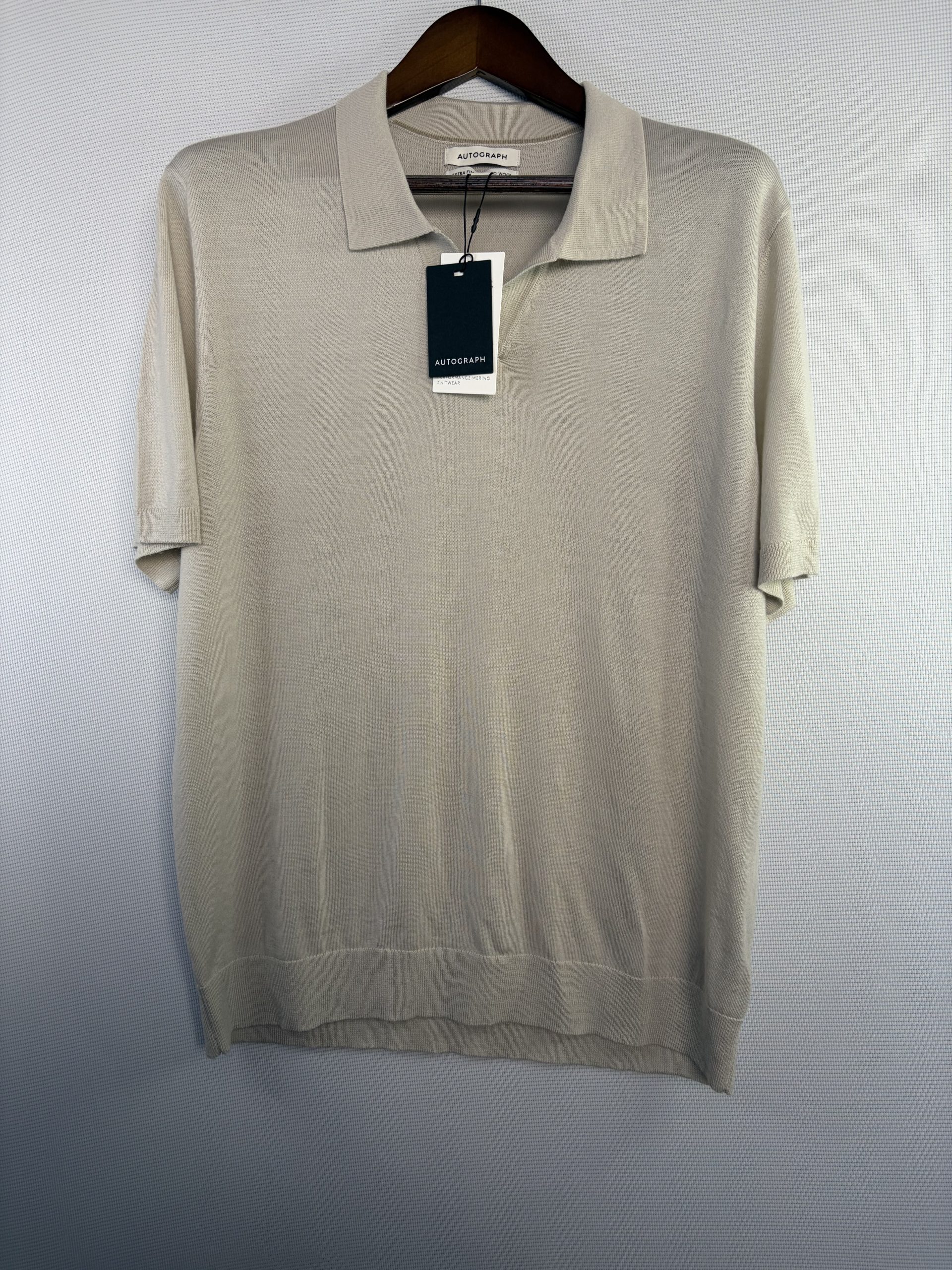 Autograph M&S Men's XL Merino Wool Knitted Polo Stone BNWT