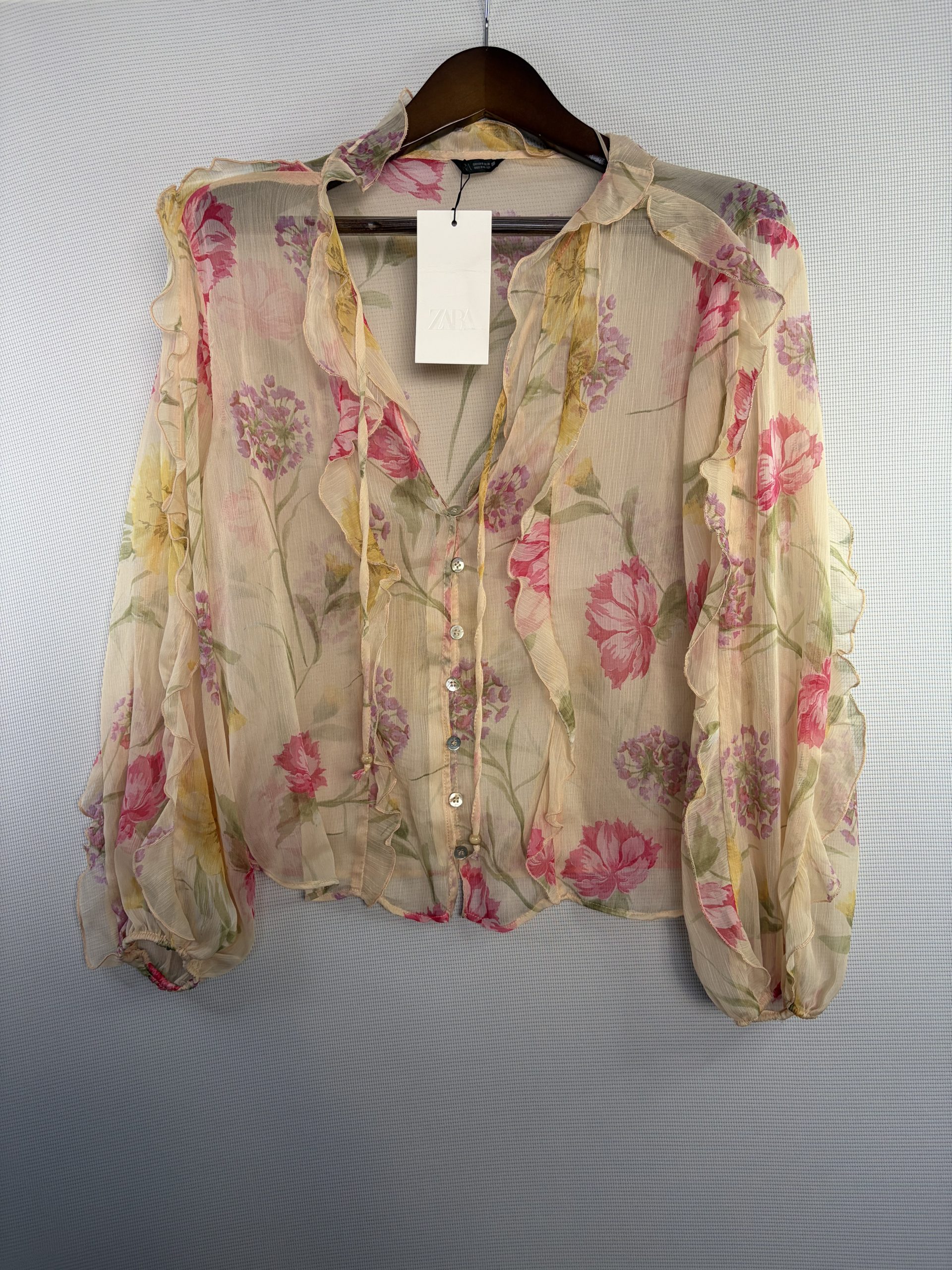 Zara Multi Floral Sheer Button-Up Blouse Medium