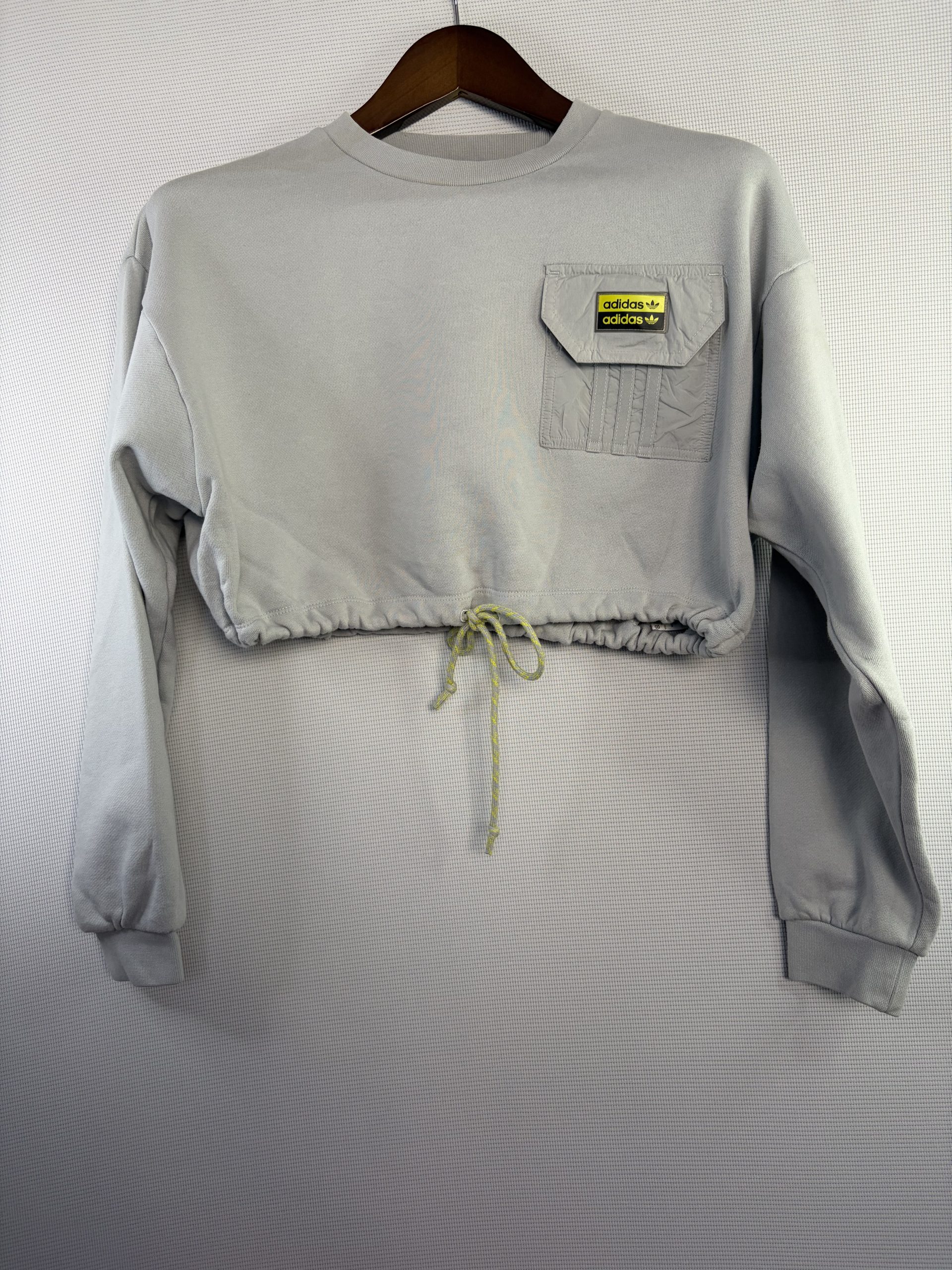 Adidas Originals Cropped Cotton Crew Sweatshirt Grey Utility Pocket Size XS Womens