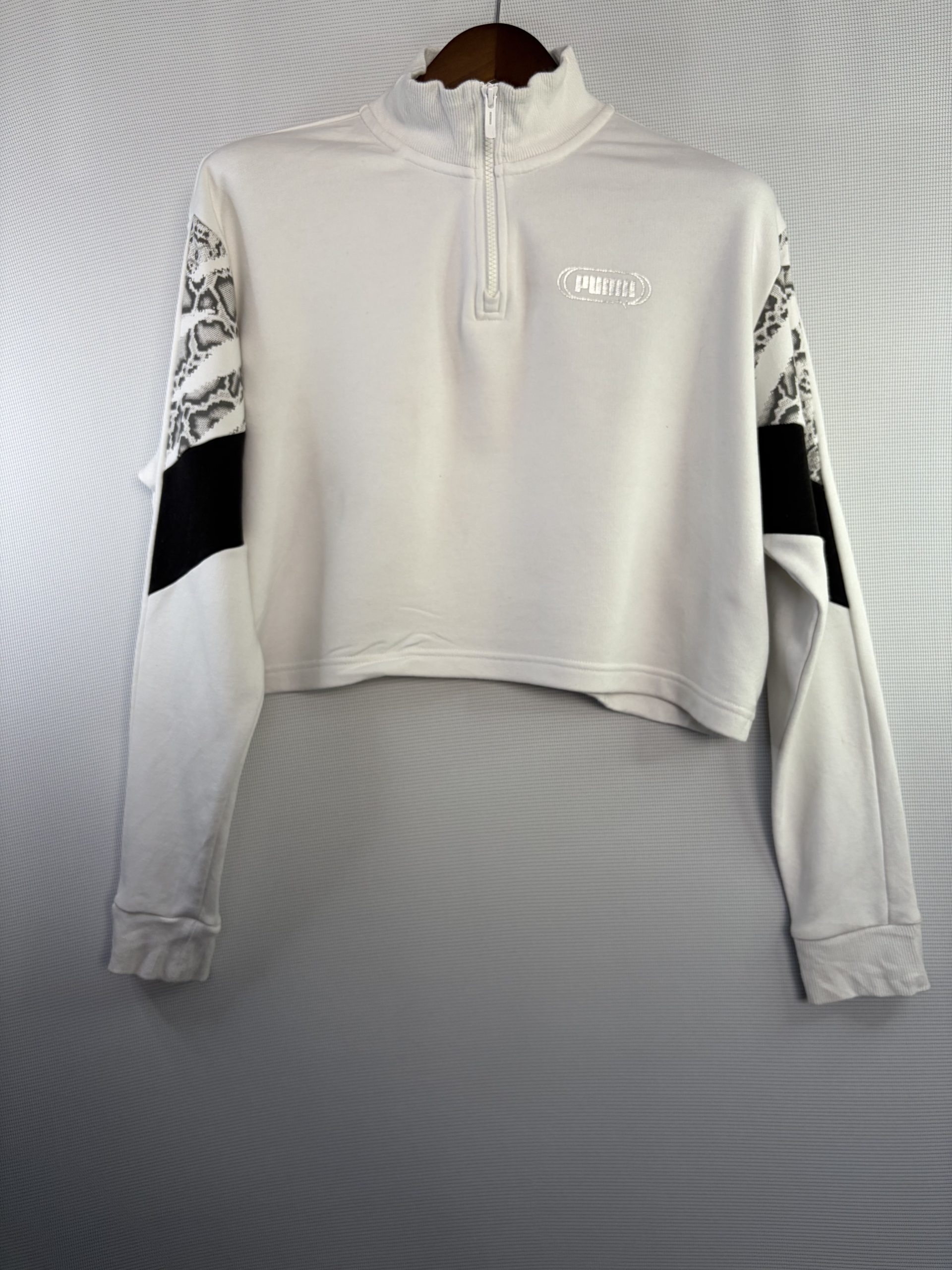 Puma White & Black Snake Print Funnel Neck Sweatshirt US L