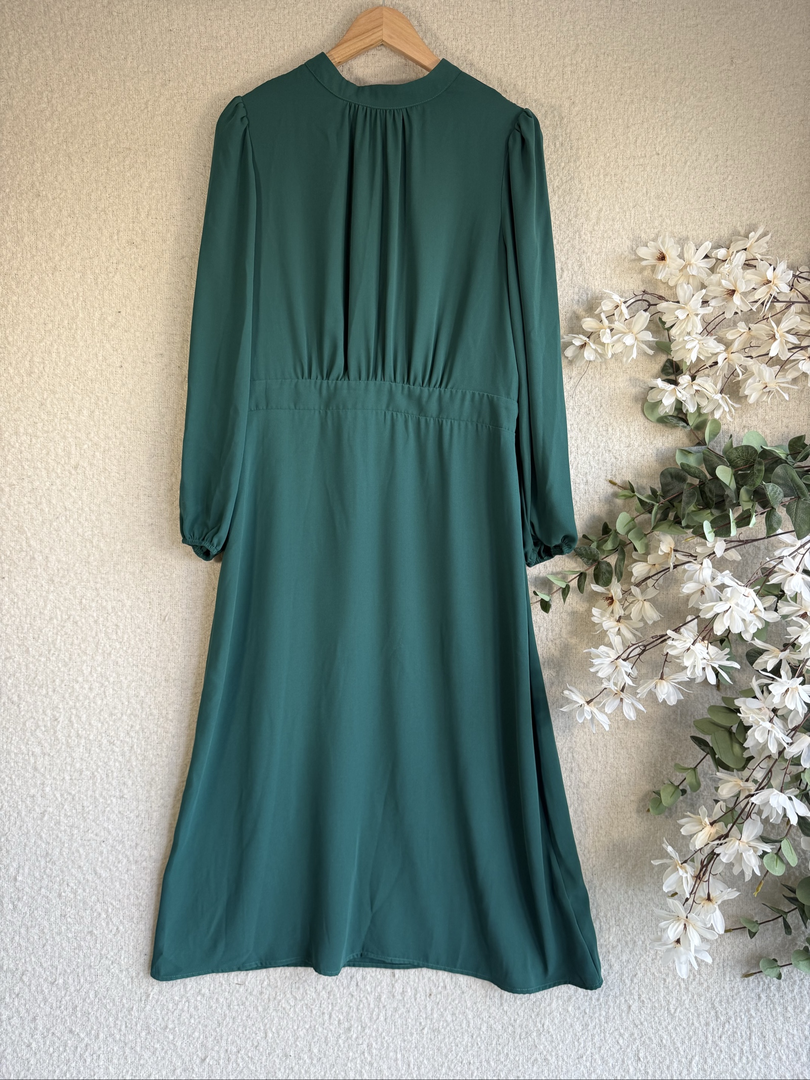 Friends Like These Dark Green Long Sleeve Midi Dress UK 16 Tie Back Elegant