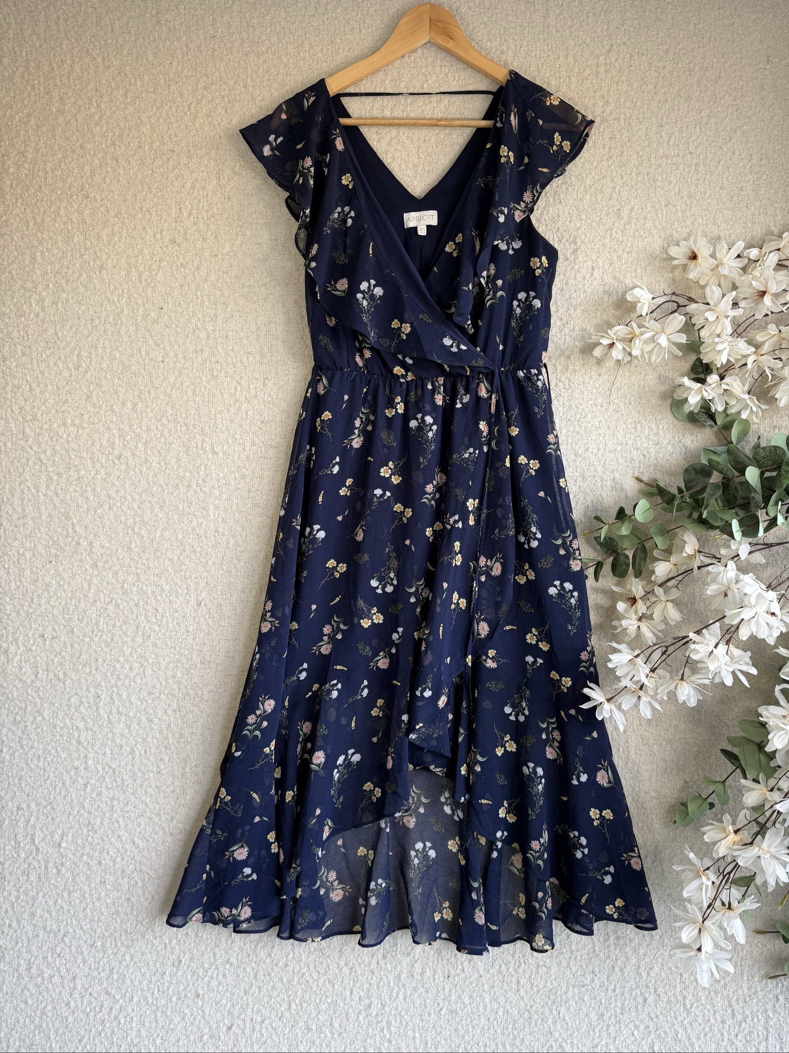 Apricot Navy Floral Wrap Midi Dress UK 12 Ruffle Sleeve Summer Occasion