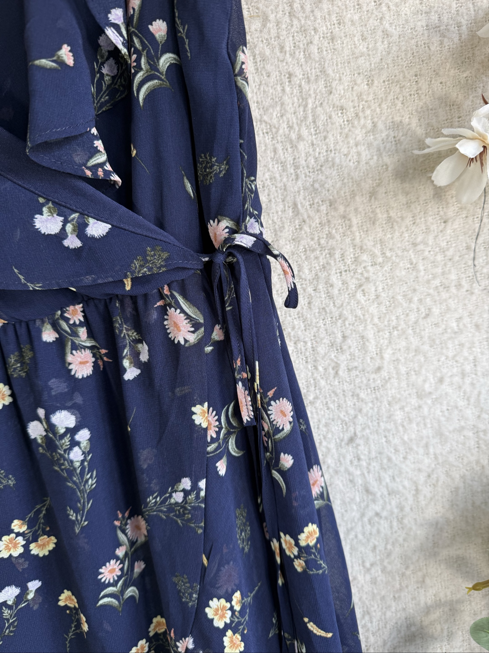 Apricot Navy Floral Wrap Midi Dress UK 12 Ruffle Sleeve Summer Occasion image 2