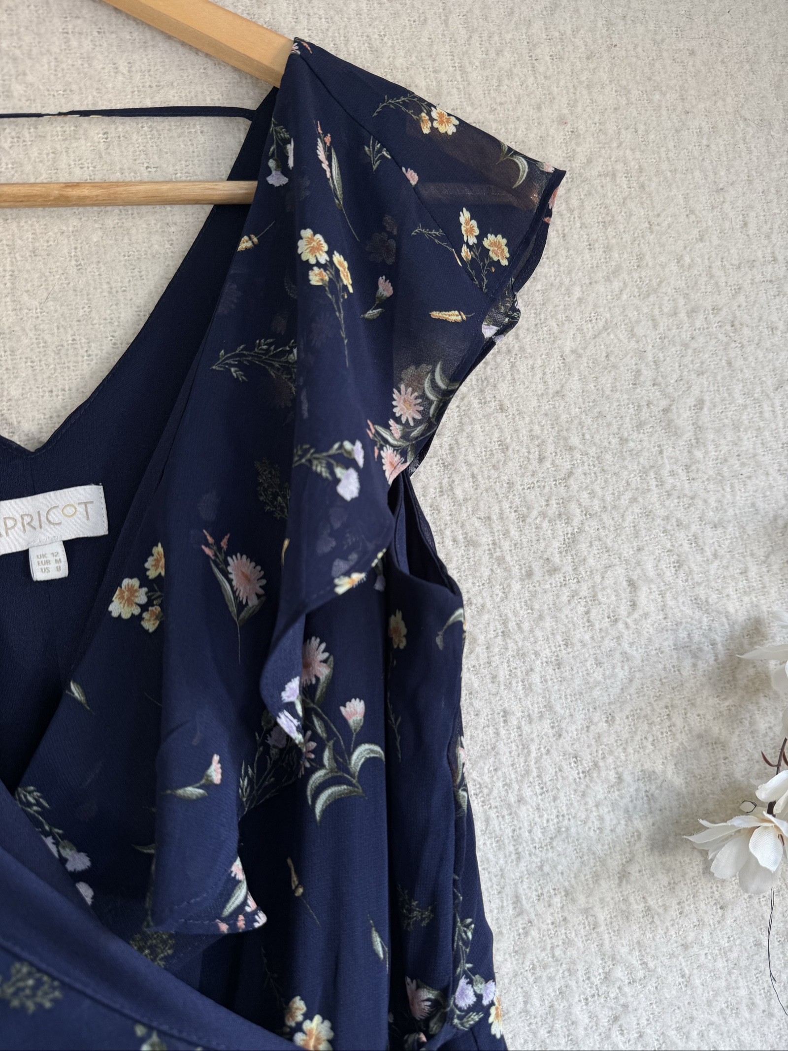 Apricot Navy Floral Wrap Midi Dress UK 12 Ruffle Sleeve Summer Occasion image 4