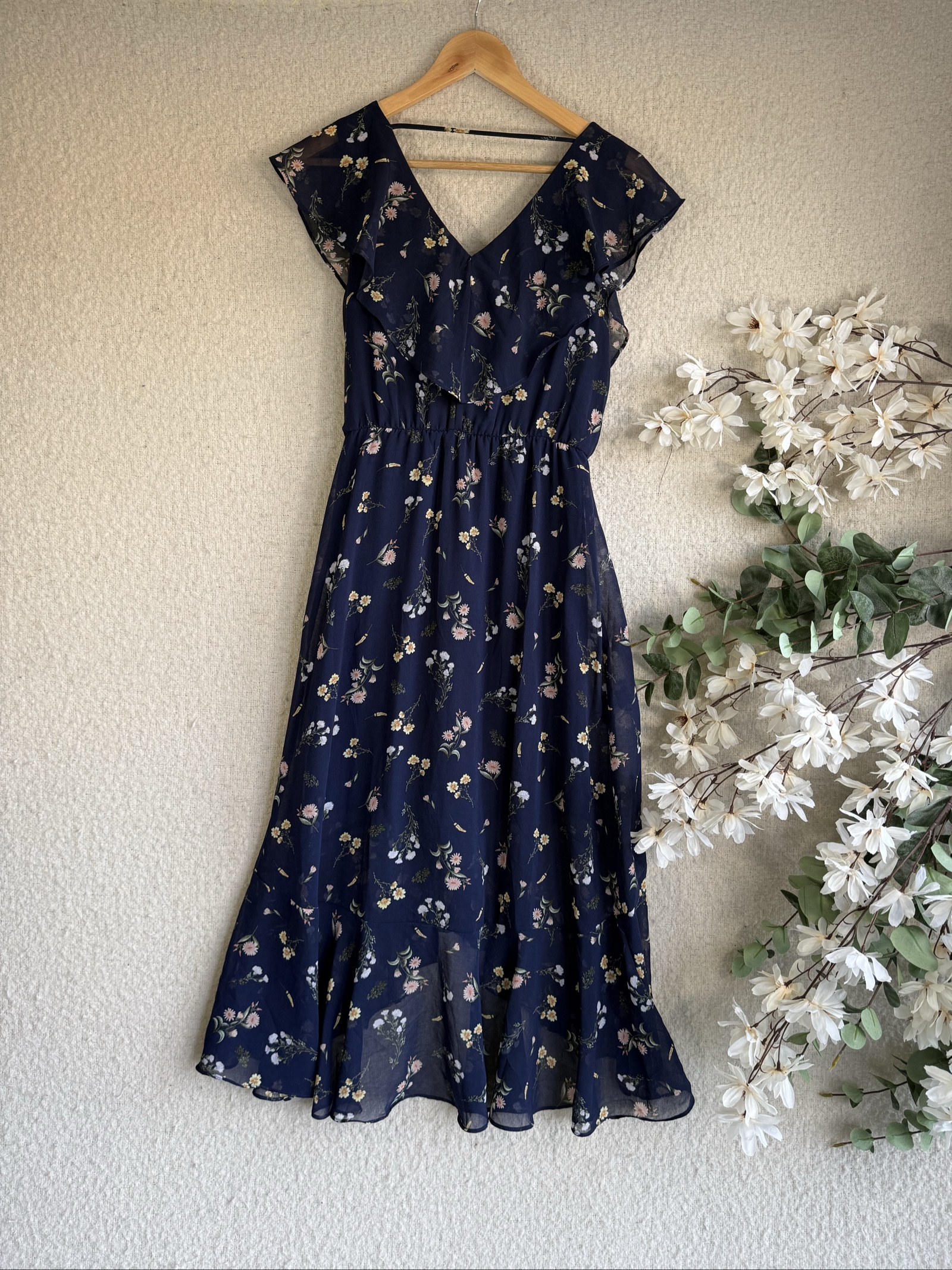 Apricot Navy Floral Wrap Midi Dress UK 12 Ruffle Sleeve Summer Occasion image 5