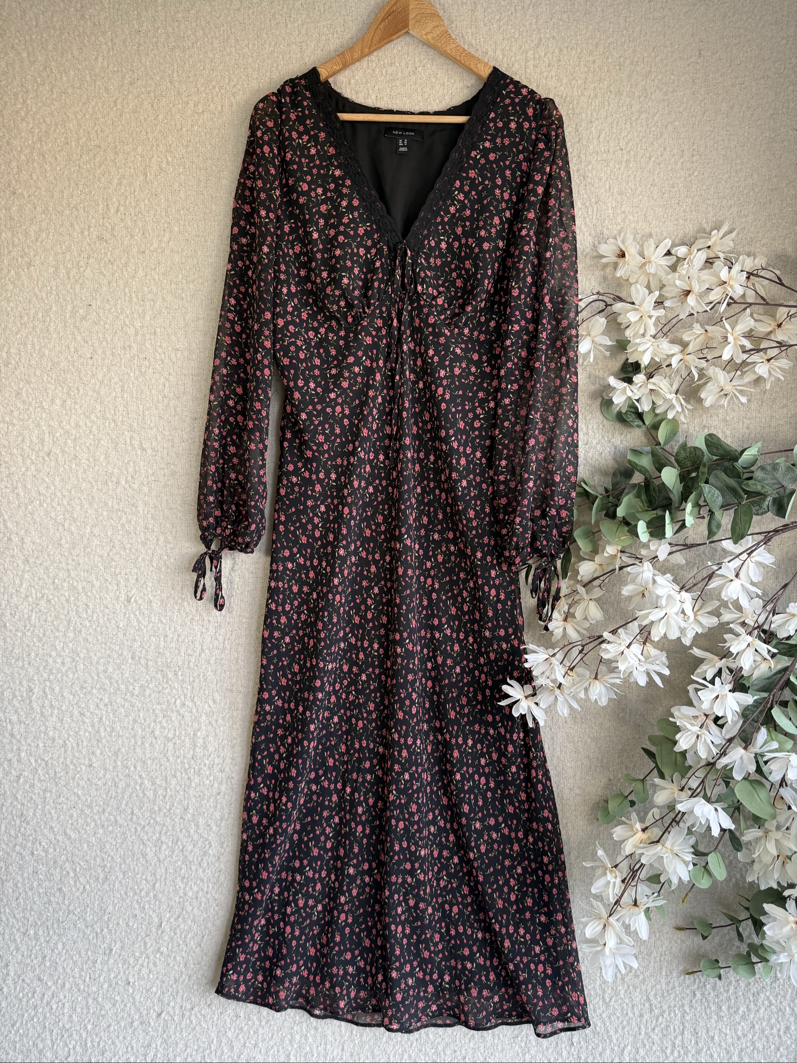 New Look Black & Pink Floral Midi Dress UK 16 Lace Trim Long Sleeve Stylish