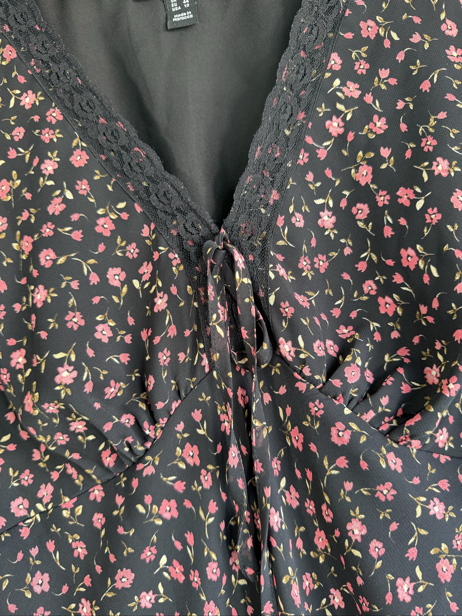 New Look Black & Pink Floral Midi Dress UK 16 Lace Trim Long Sleeve Stylish image 4