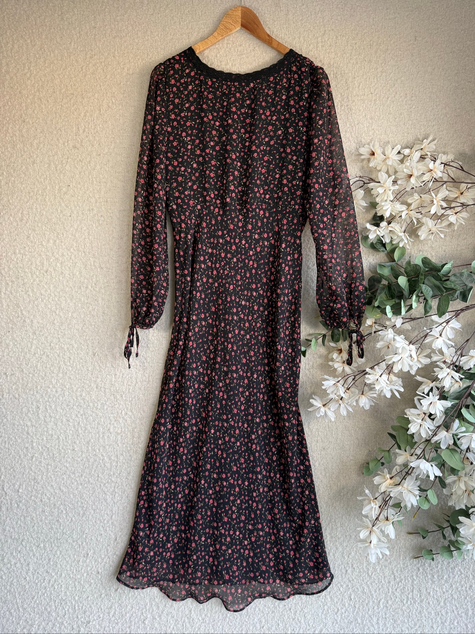 New Look Black & Pink Floral Midi Dress UK 16 Lace Trim Long Sleeve Stylish image 5