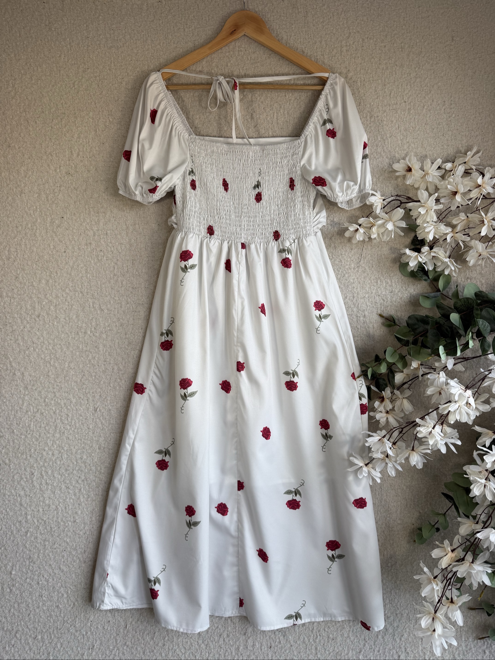 SHEIN White & Red Rose Print Puff Sleeve Midi Dress Small Romantic Summer Style image 4