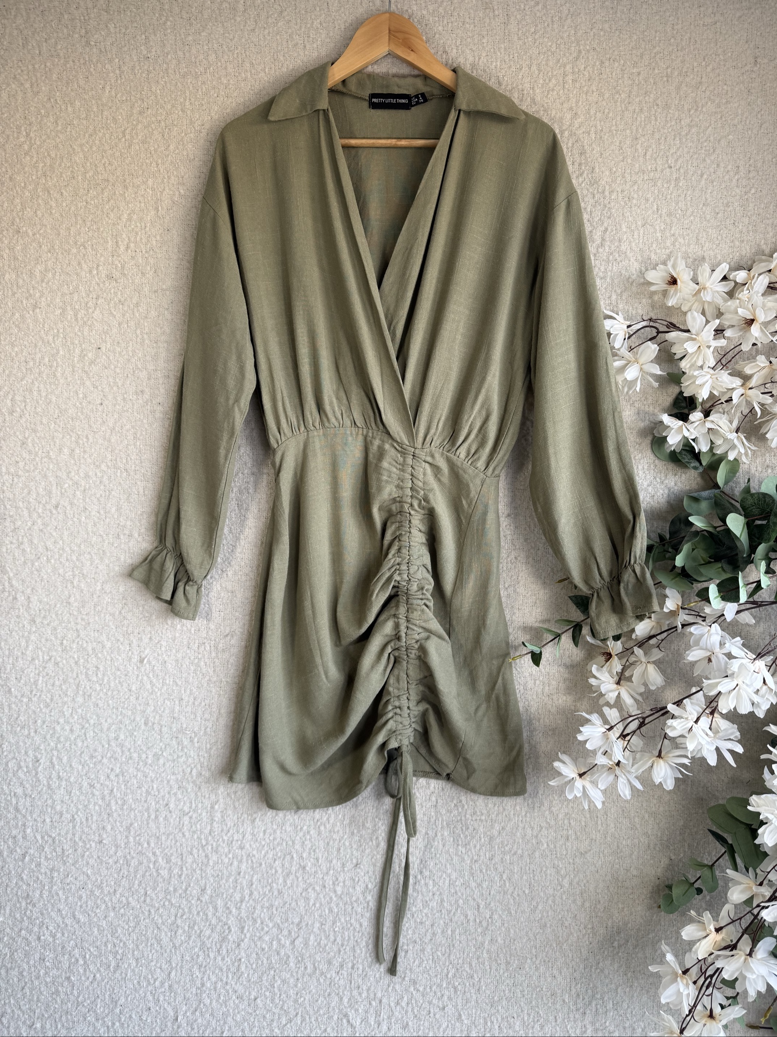 Pretty Little Thing Olive Green Long Sleeve Ruched Mini Dress UK 8 Stylish
