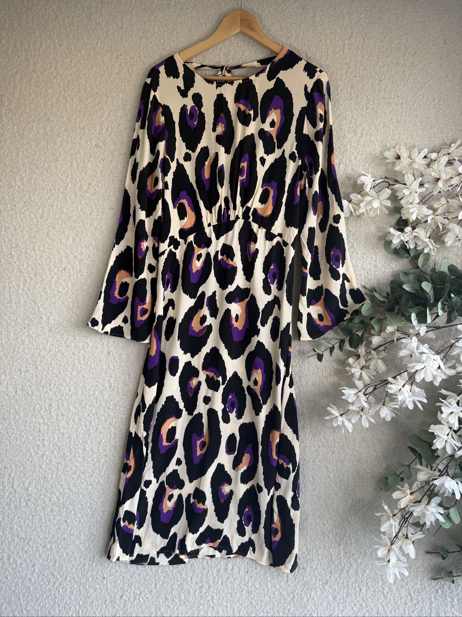 Tu Woman Purple Black Leopard Print Midi Dress UK 12 Elegant Long Sleeve