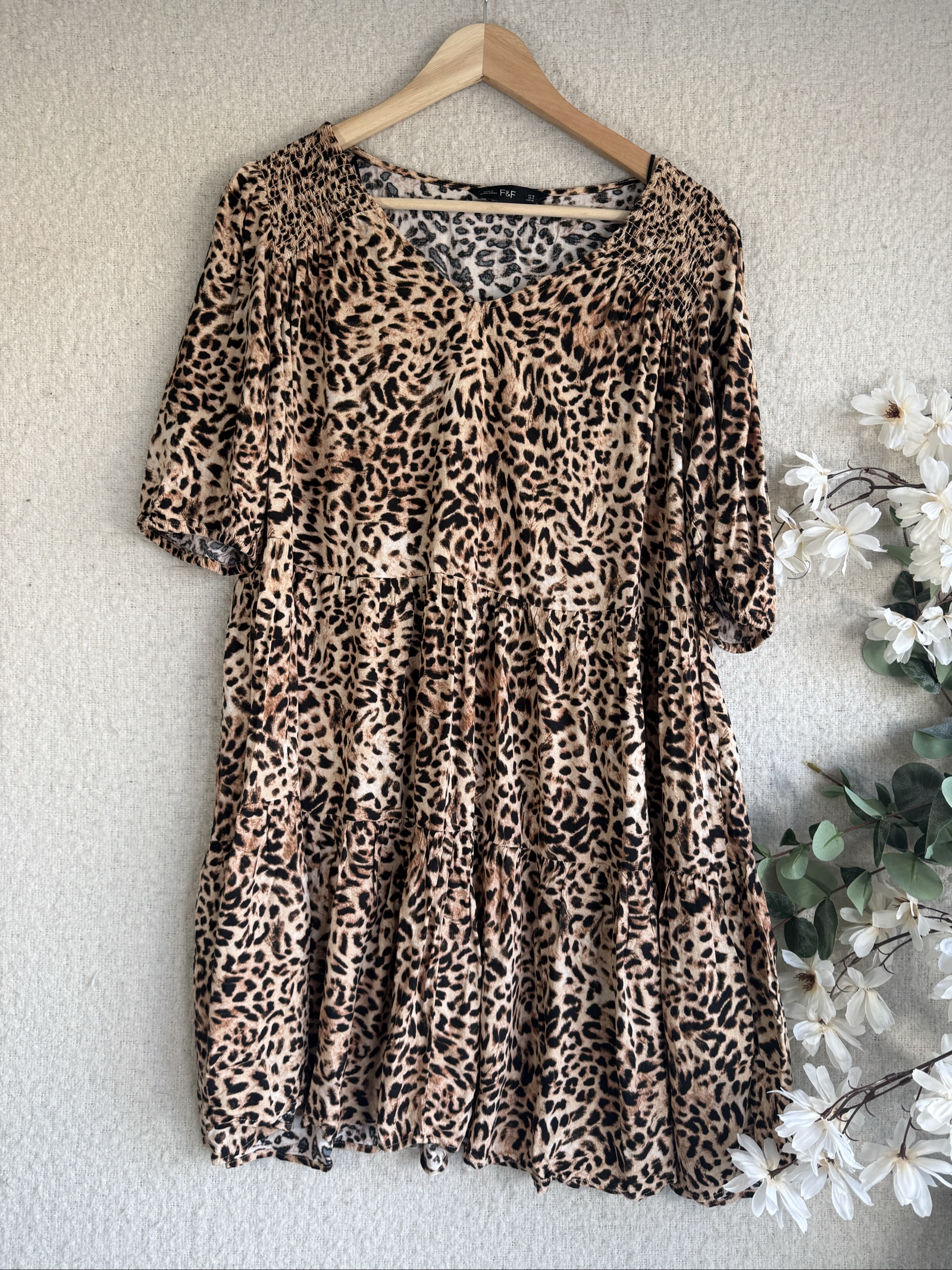 F&F Leopard Print Animal Pattern Dress UK 18 Viscose Smocked Sleeve Detail