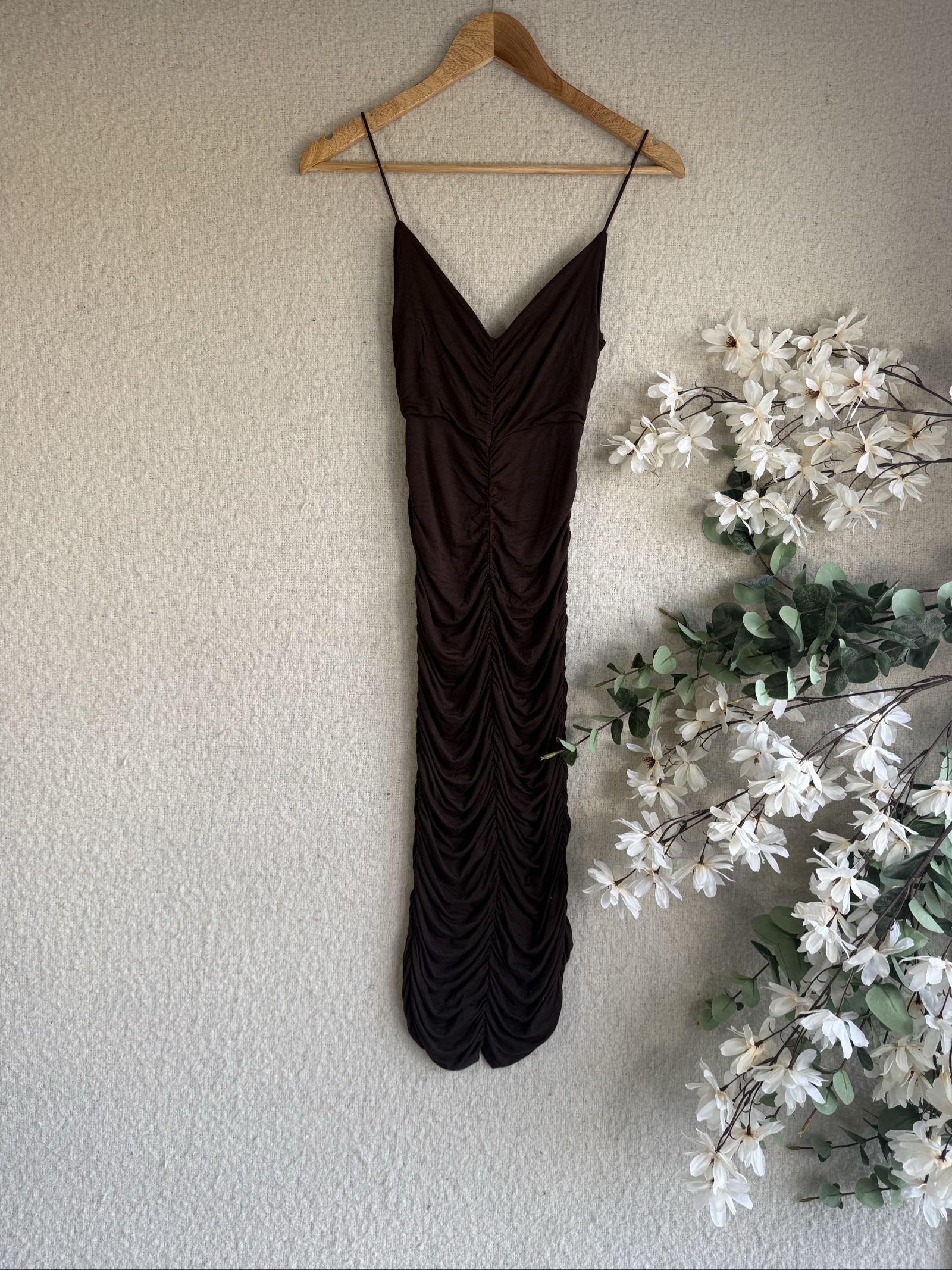 PrettyLittleThing Chocolate Brown Ruched Midi Slip Dress UK 10 Summer Occasion