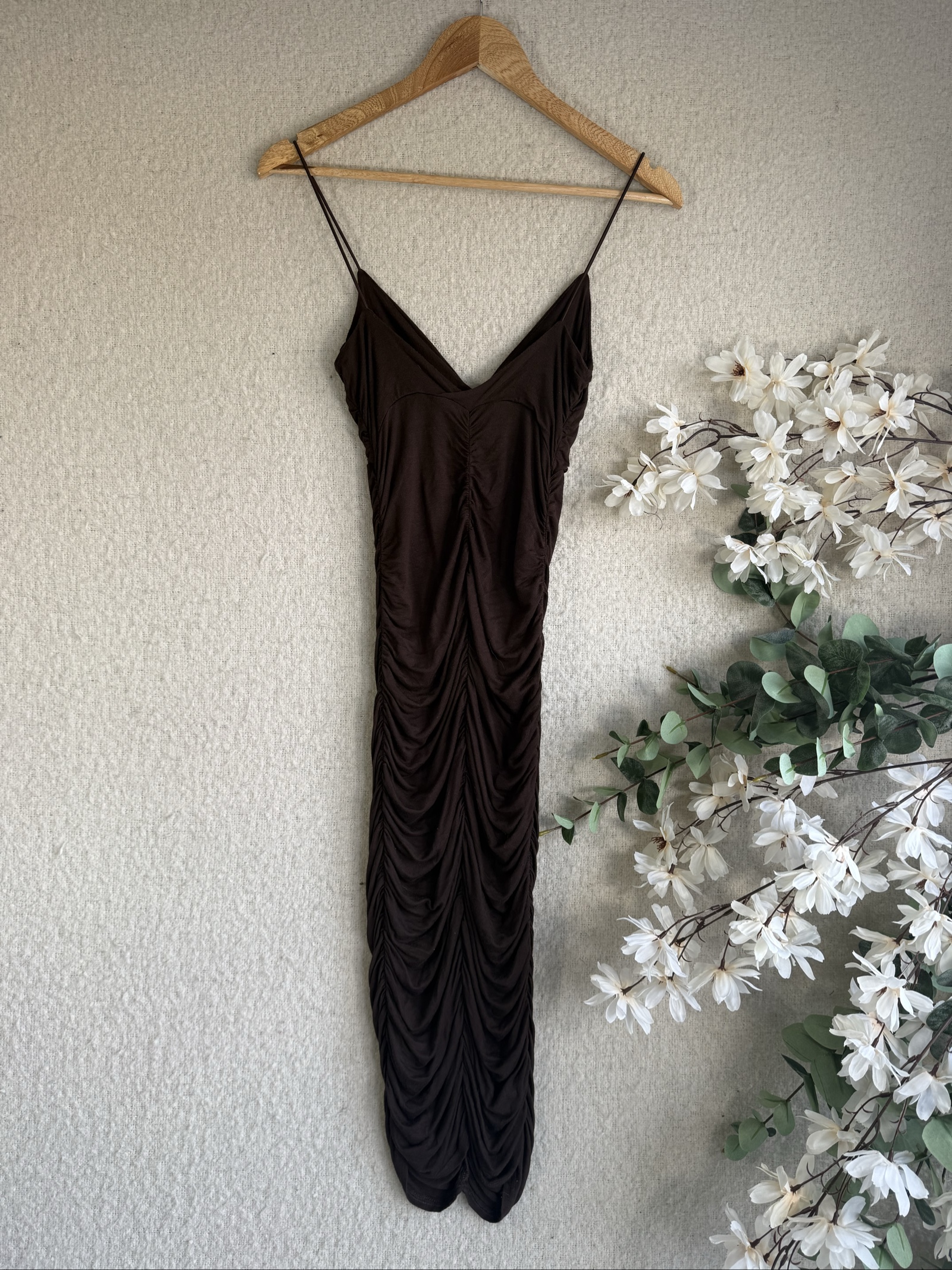PrettyLittleThing Chocolate Brown Ruched Midi Slip Dress UK 10 Summer Occasion image 4