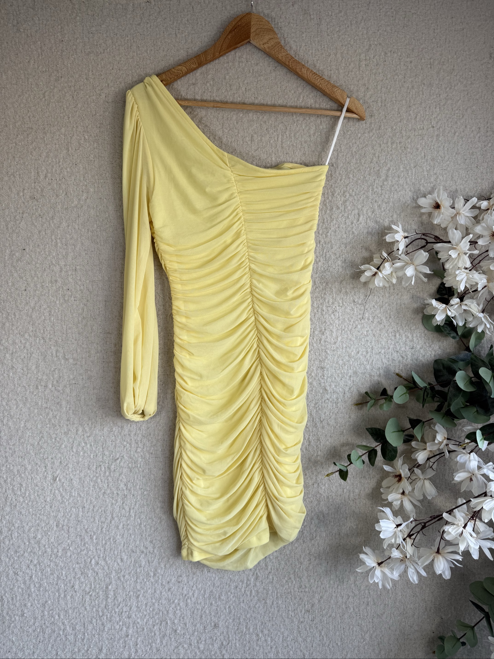 Shein Yellow Ruched One Shoulder Mini Dress Medium Made in China