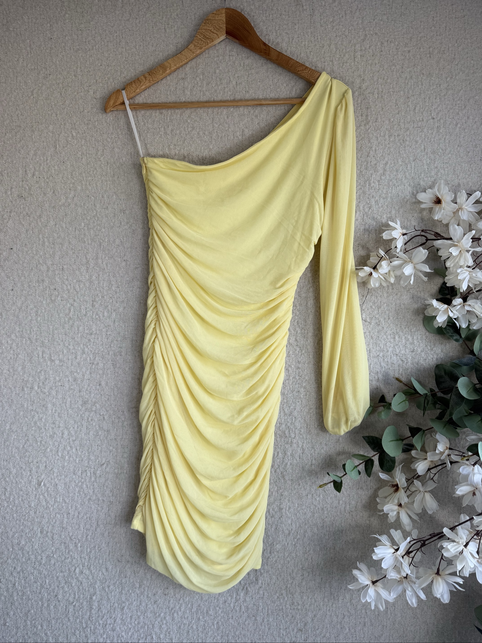 Shein Yellow Ruched One Shoulder Mini Dress Medium Made in China image 4