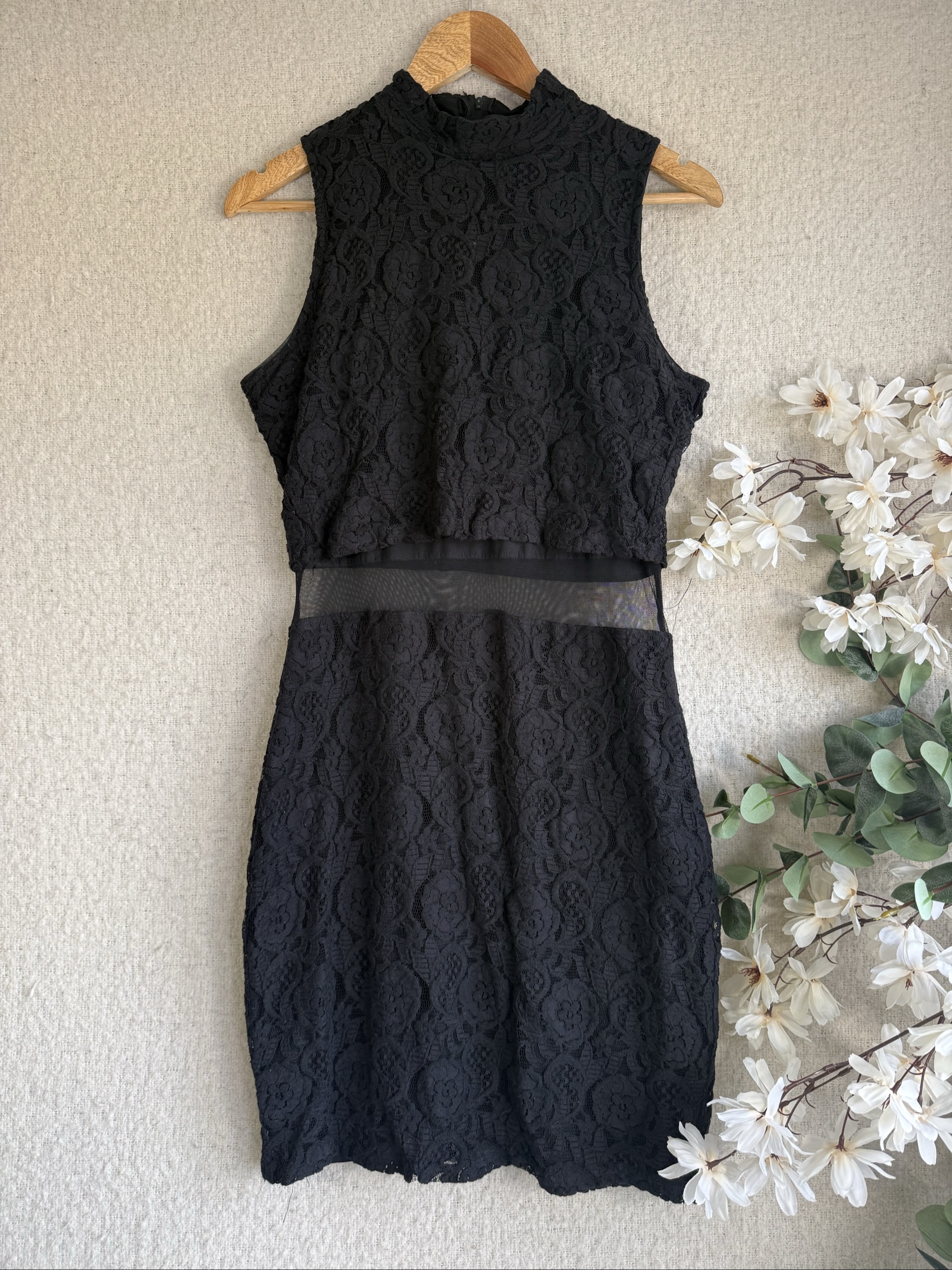 River Island Black Lace Sleeveless Dress UK 16 With Sheer Waist Detail
