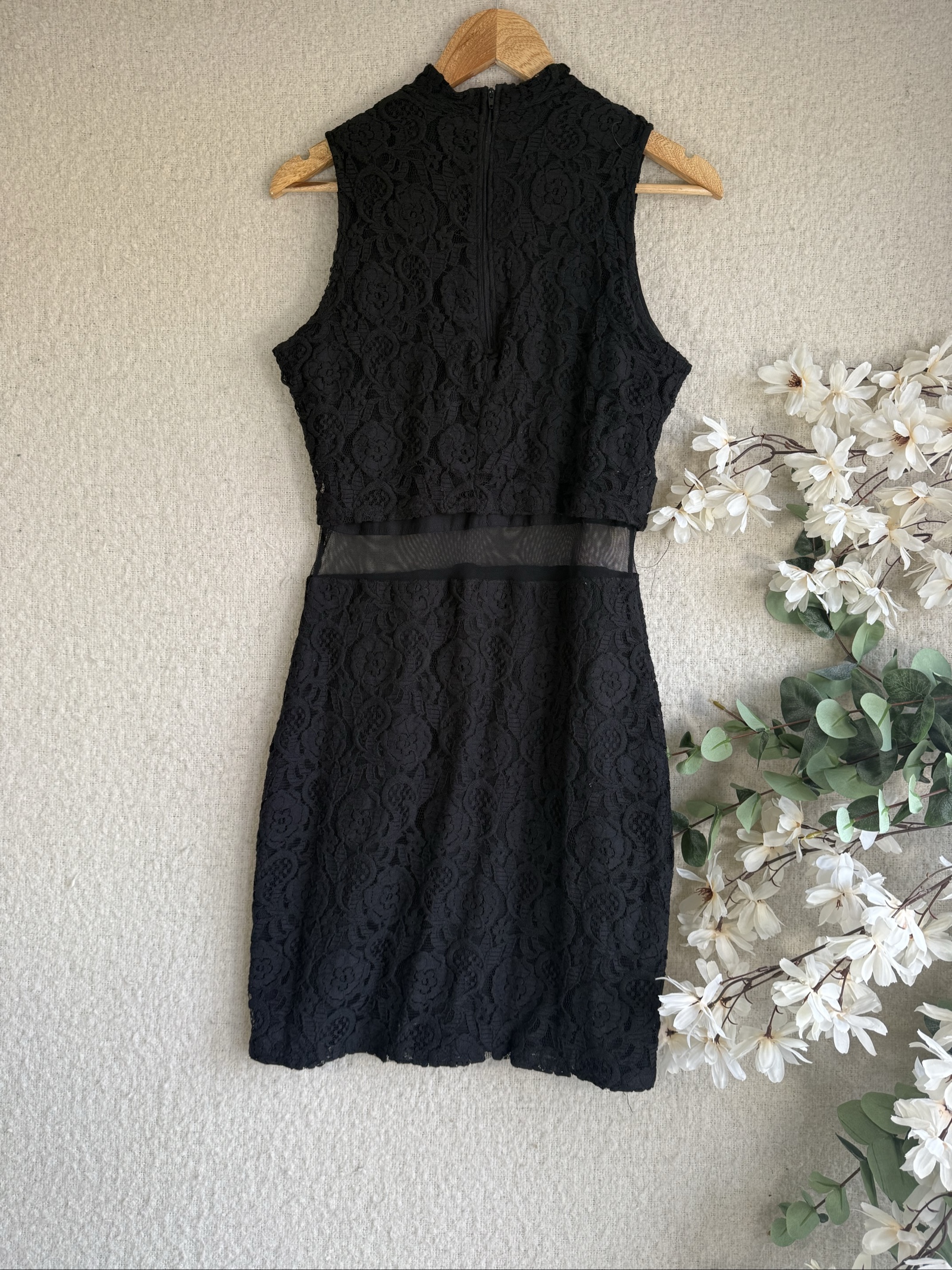 River Island Black Lace Sleeveless Dress UK 16 With Sheer Waist Detail image 5