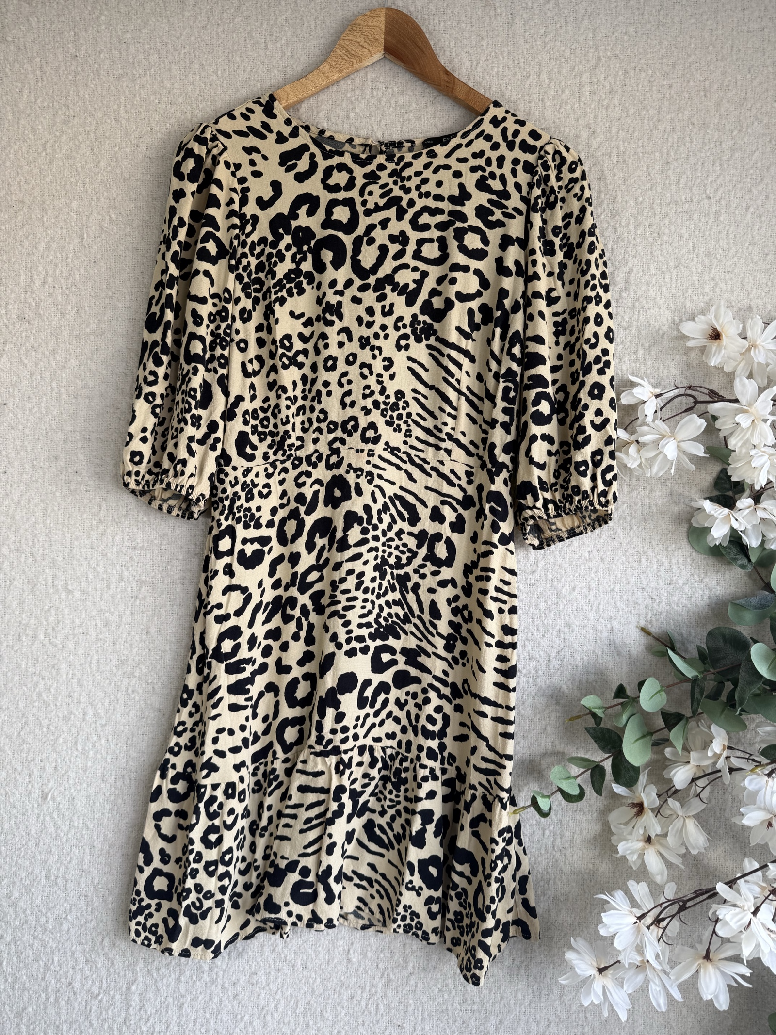 F&F Beige & Black Animal Print Dress UK 10 Lightweight Chic Casual Style