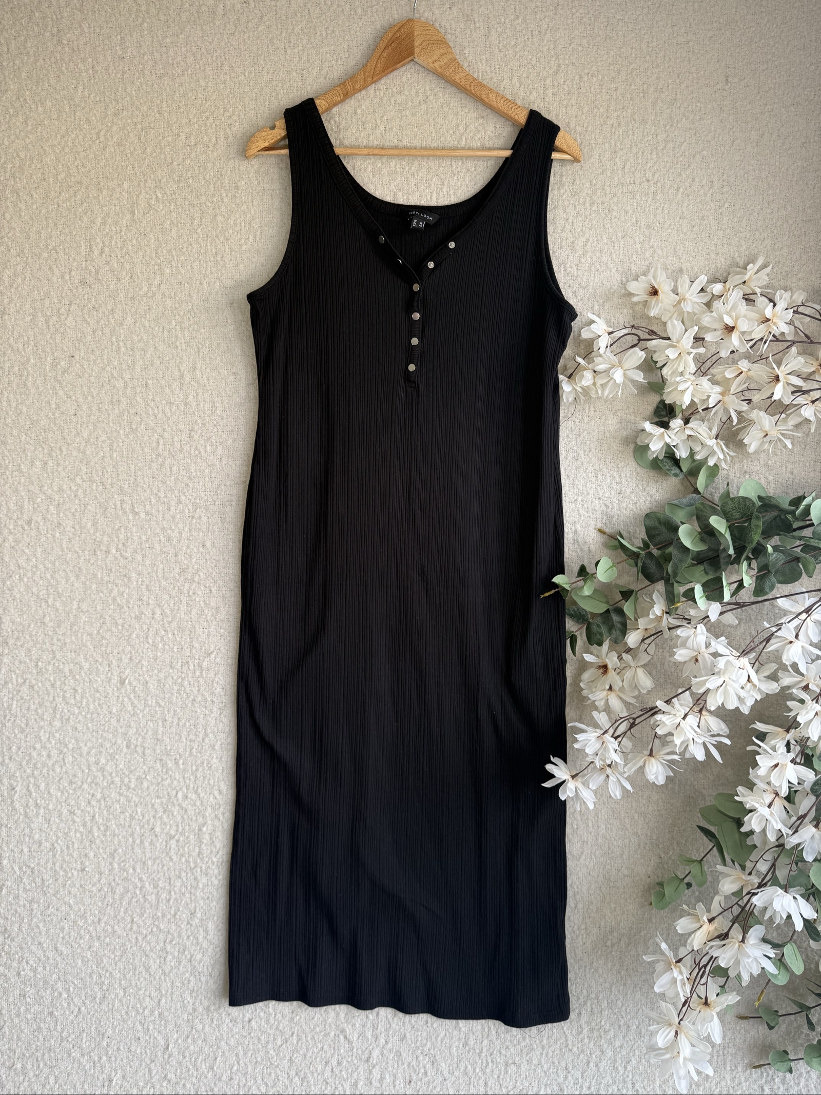 New Look Black Sleeveless Ribbed Midi Dress UK 18 Button Detail Casual