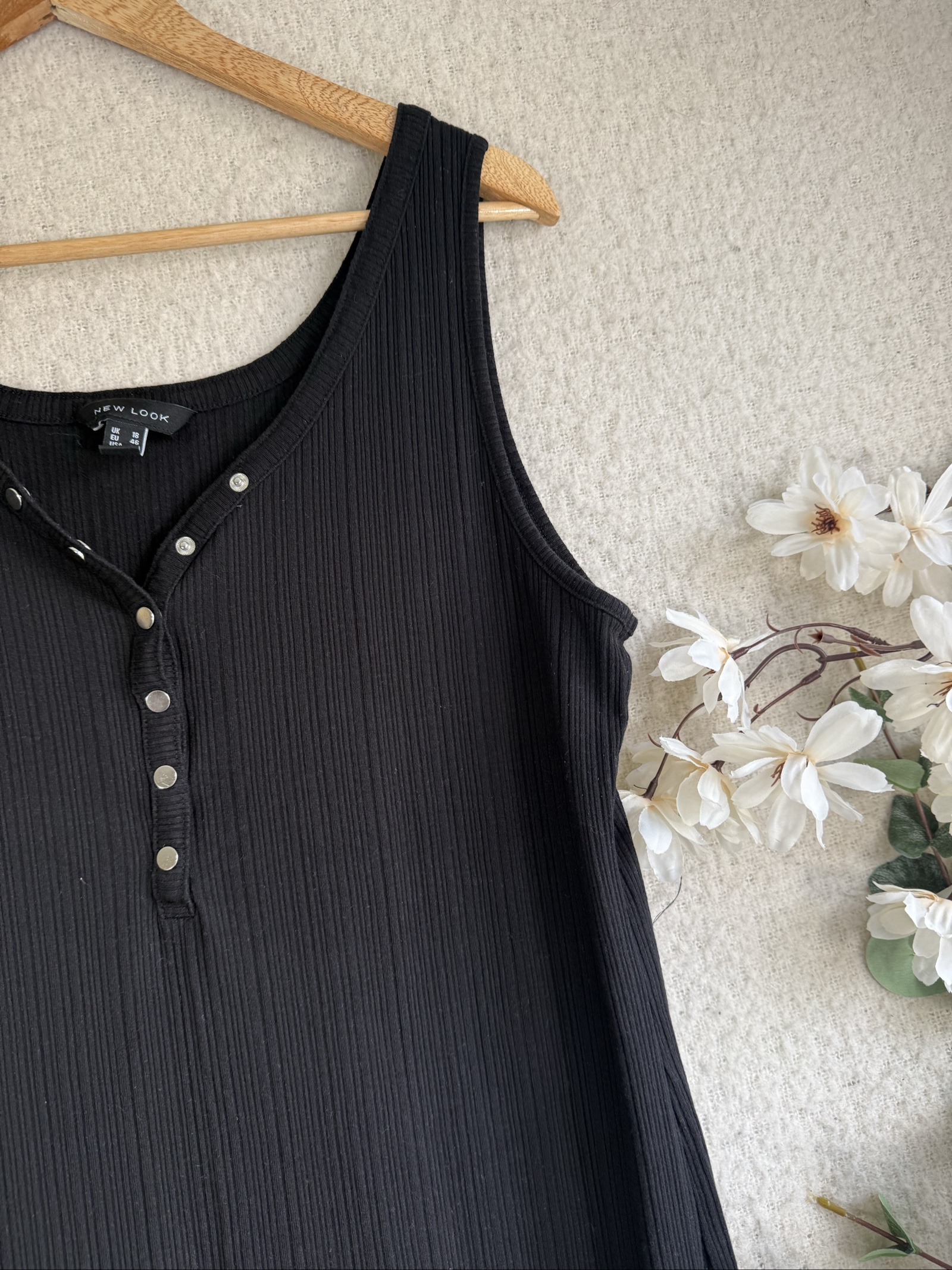New Look Black Sleeveless Ribbed Midi Dress UK 18 Button Detail Casual image 2
