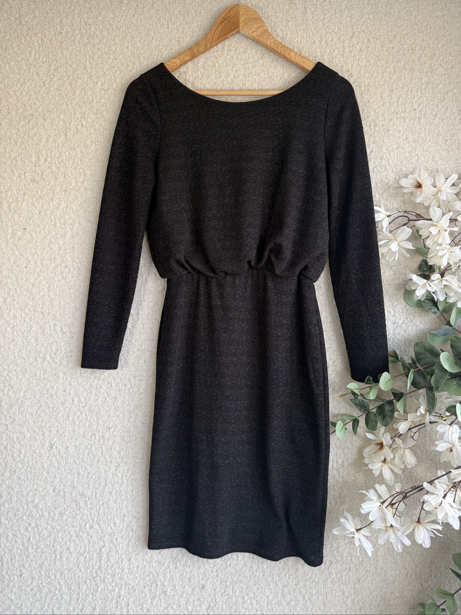 F&F Black Long Sleeve Midi Dress UK 8 Elegant Elastic Waist Detail
