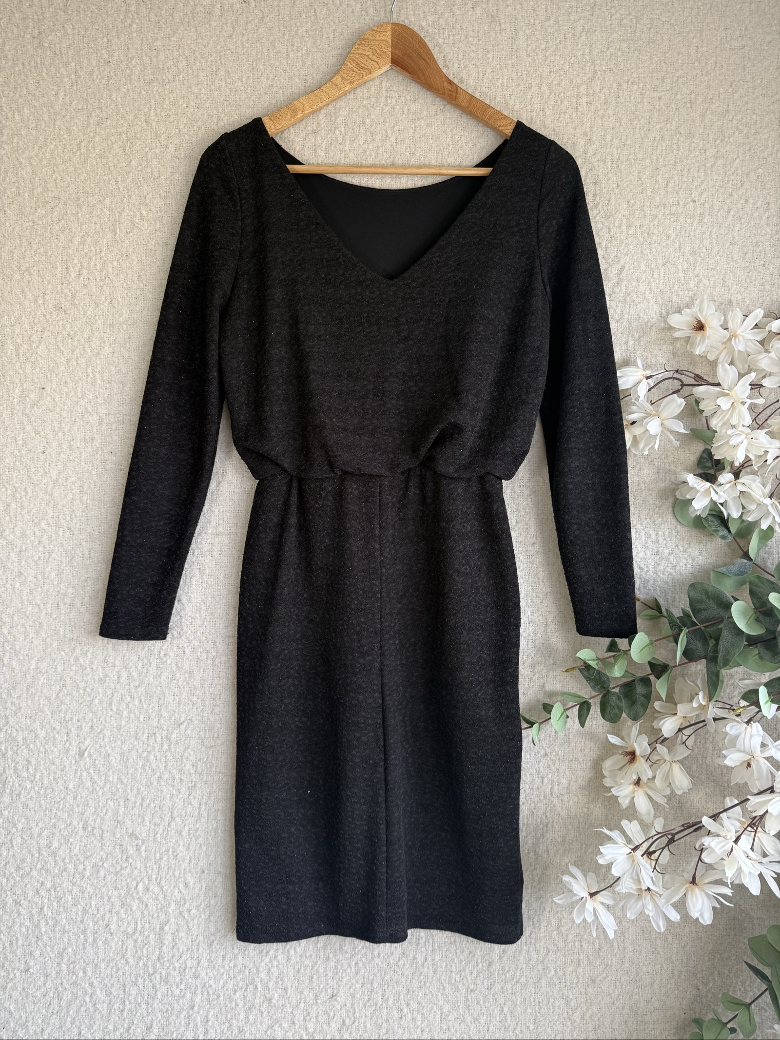 F&F Black Long Sleeve Midi Dress UK 8 Elegant Elastic Waist Detail image 4