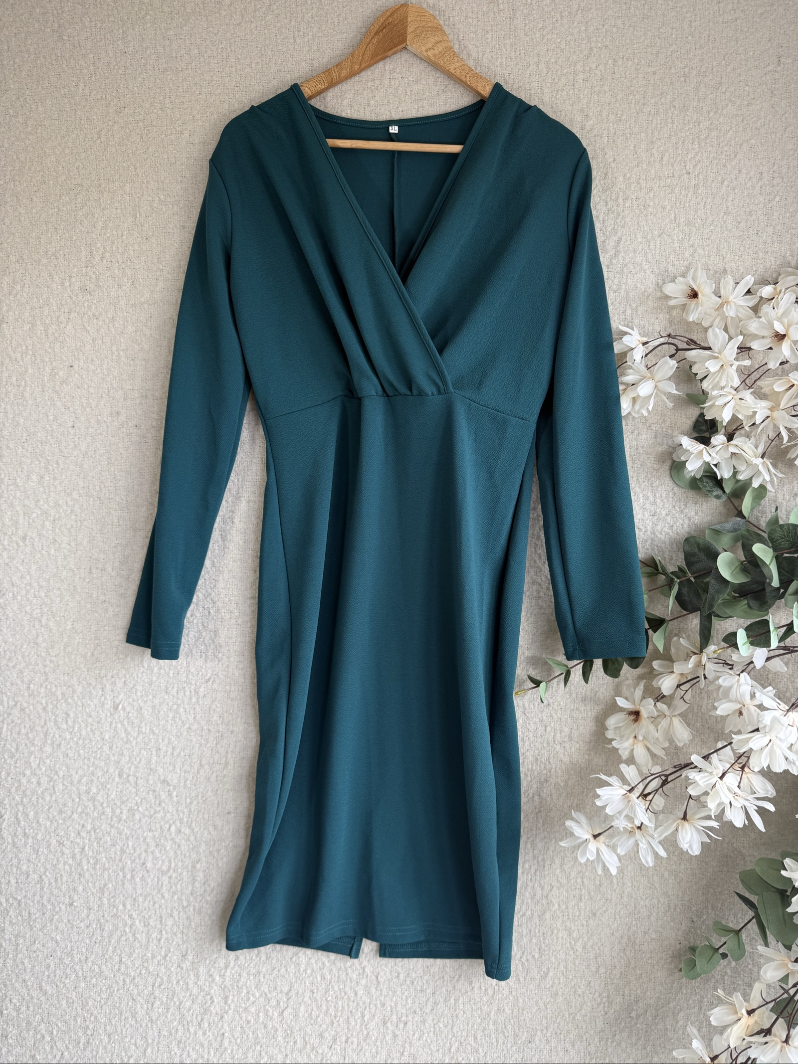 Green Long Sleeve Wrap Midi Dress XL Cotton & Polyester Casual Chic UK XL