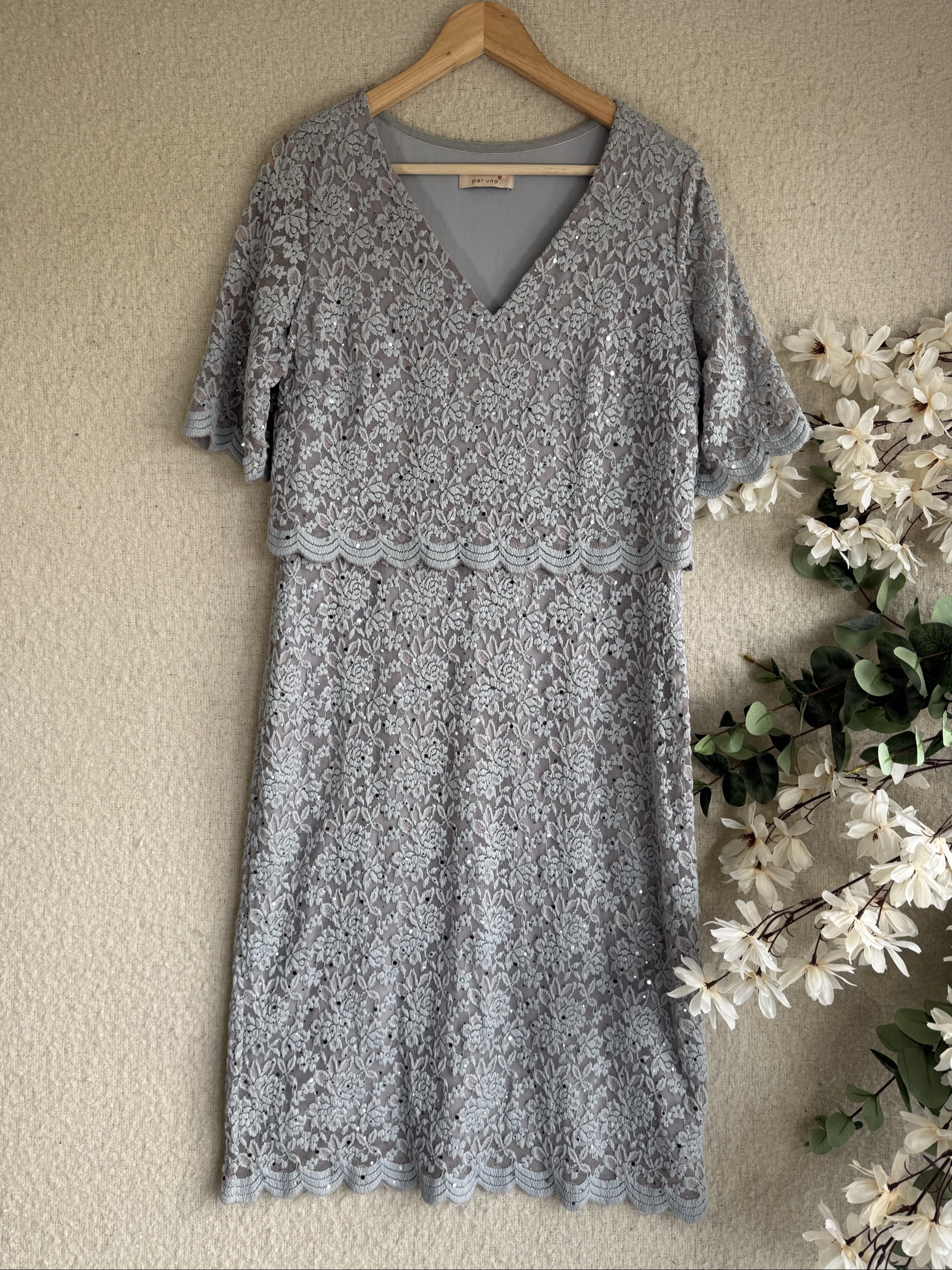 M&S Silver Lace V-Neck Dress UK 18 Elegant Sequined Occasion Style