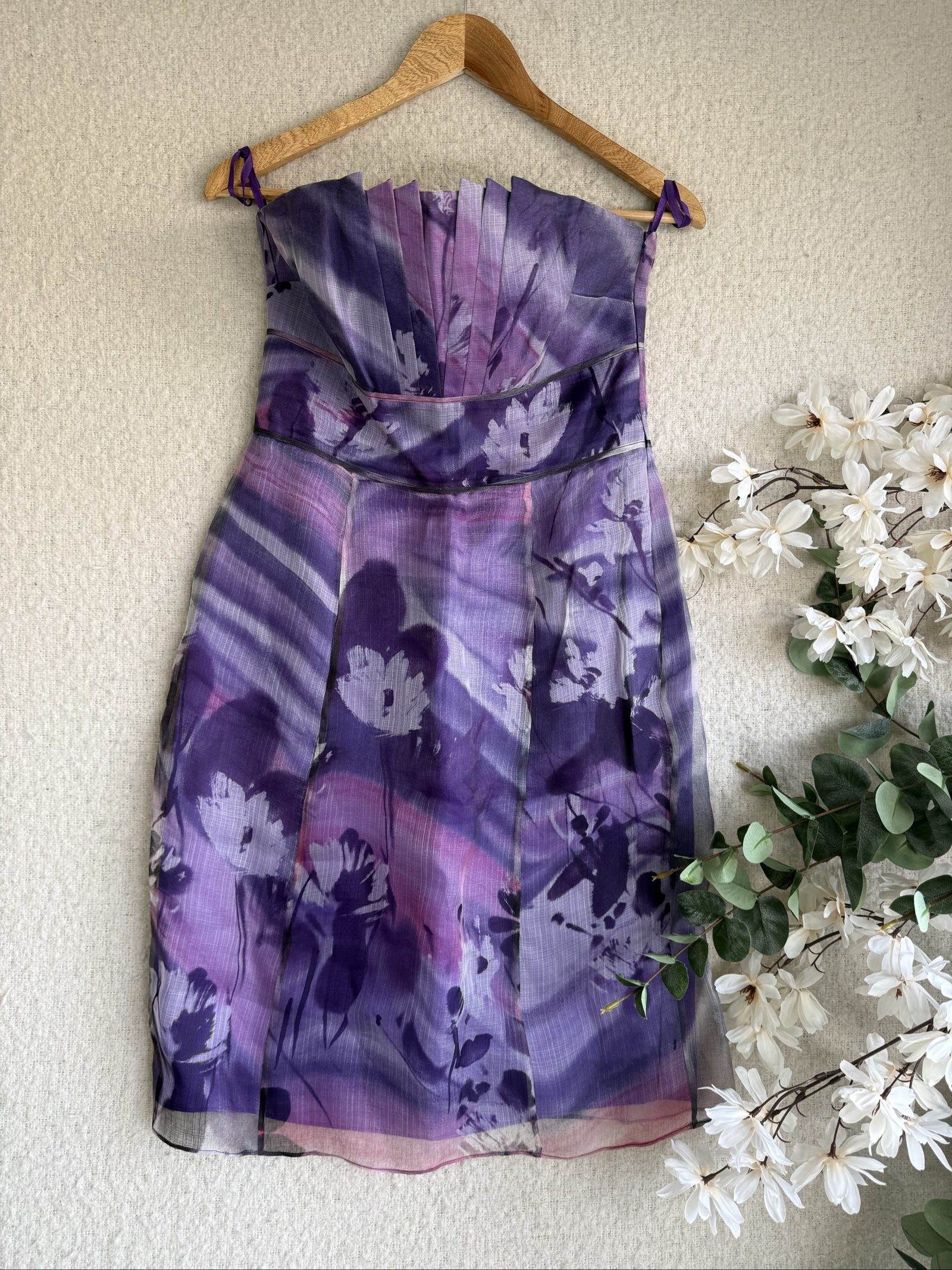 Coast Purple Floral Occasion Dress UK 10 Pleated Detail Elegant Fit